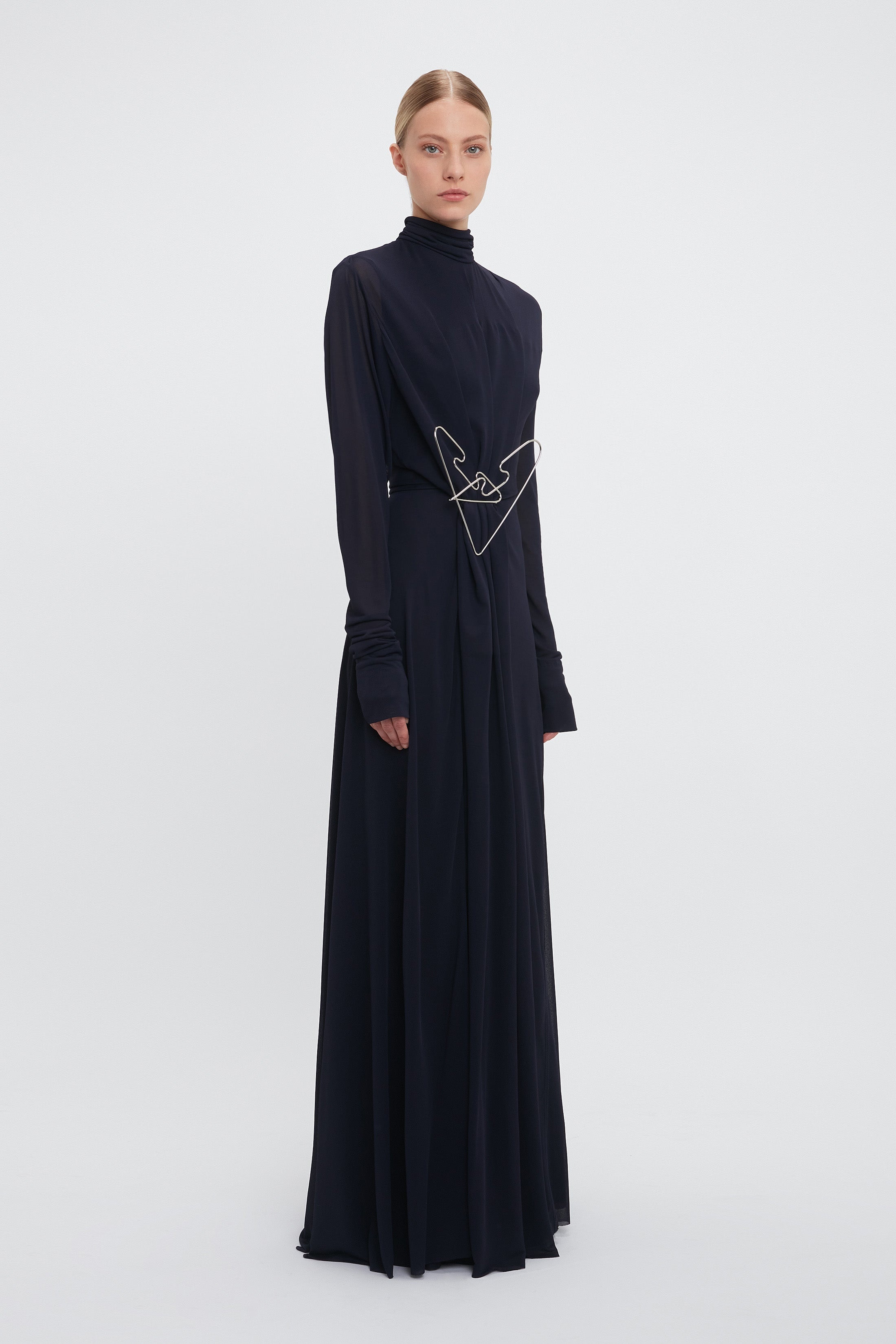 Long Sleeve Draped Jersey Floor-Length Gown In Ink Blue - 4