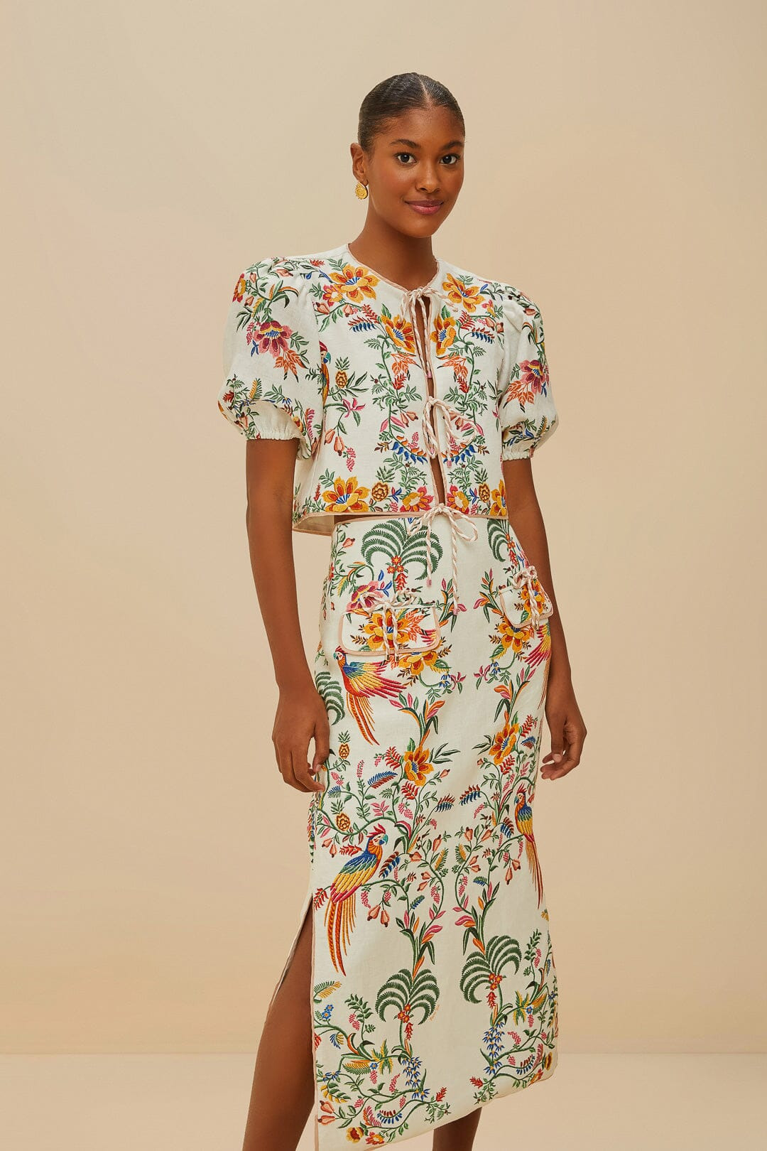 Off-White Delicate Forest Euroflax™ Premium Linen Midi Skirt - 3