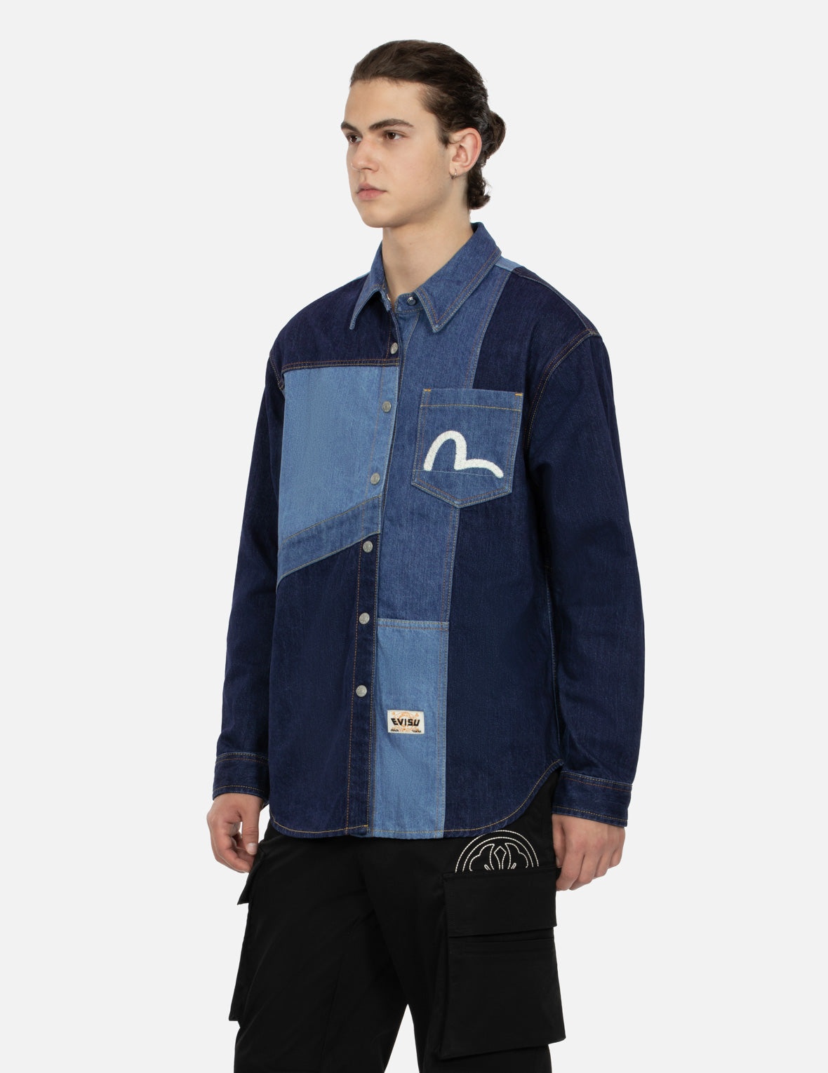 Patchwork with Seagull Embroidery Relax Fit Denim Shirt - 5