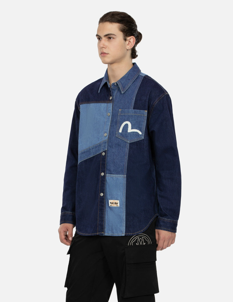 Patchwork with Seagull Embroidery Relax Fit Denim Shirt 5