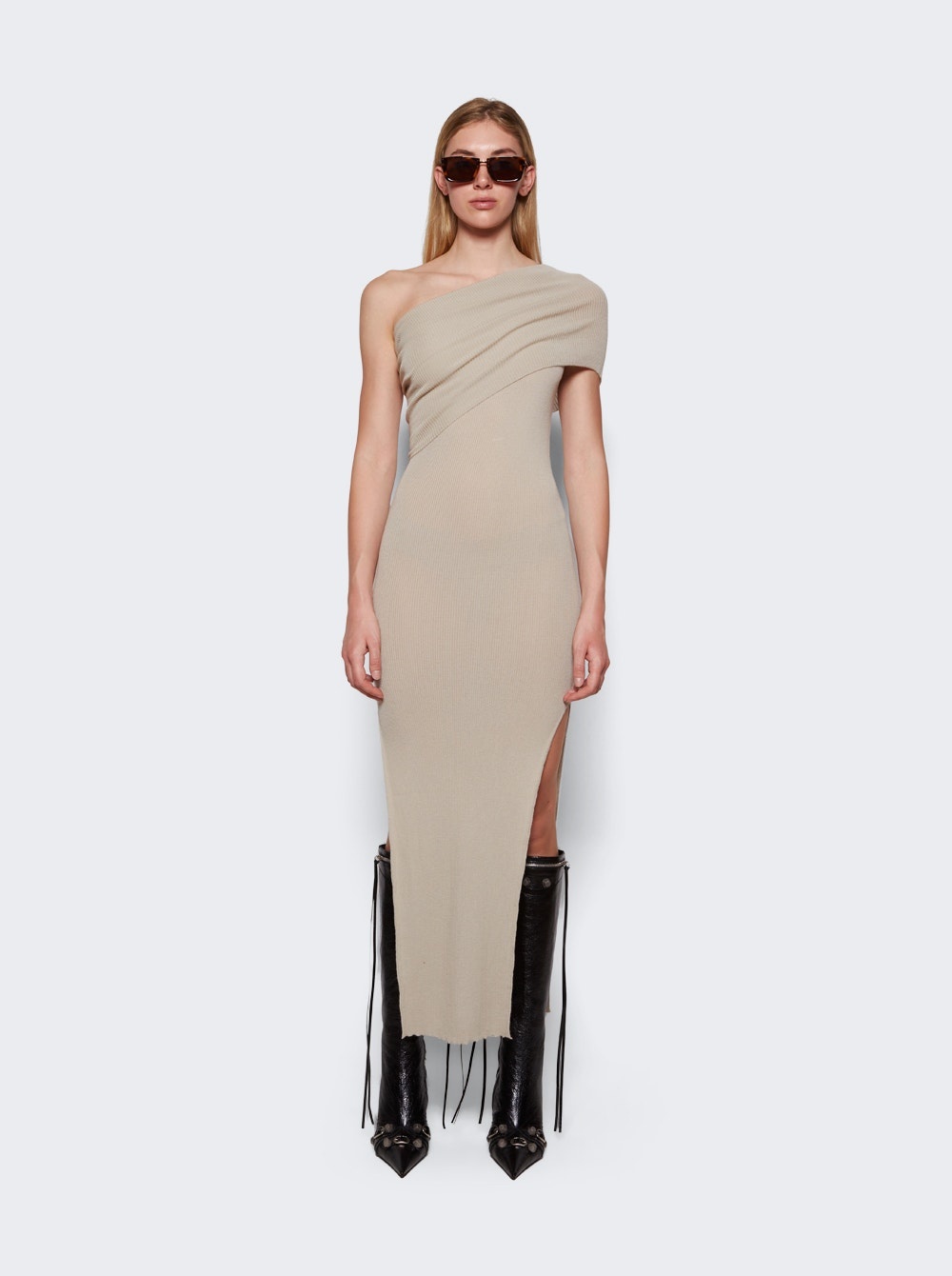 Ribbed One Shoulder Dress Pearl - 2