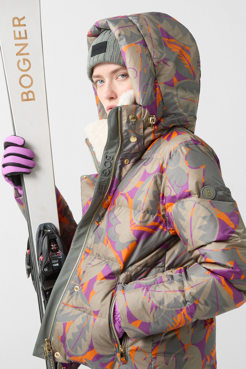 Maja down ski jacket in Olive green/purple/orange 6