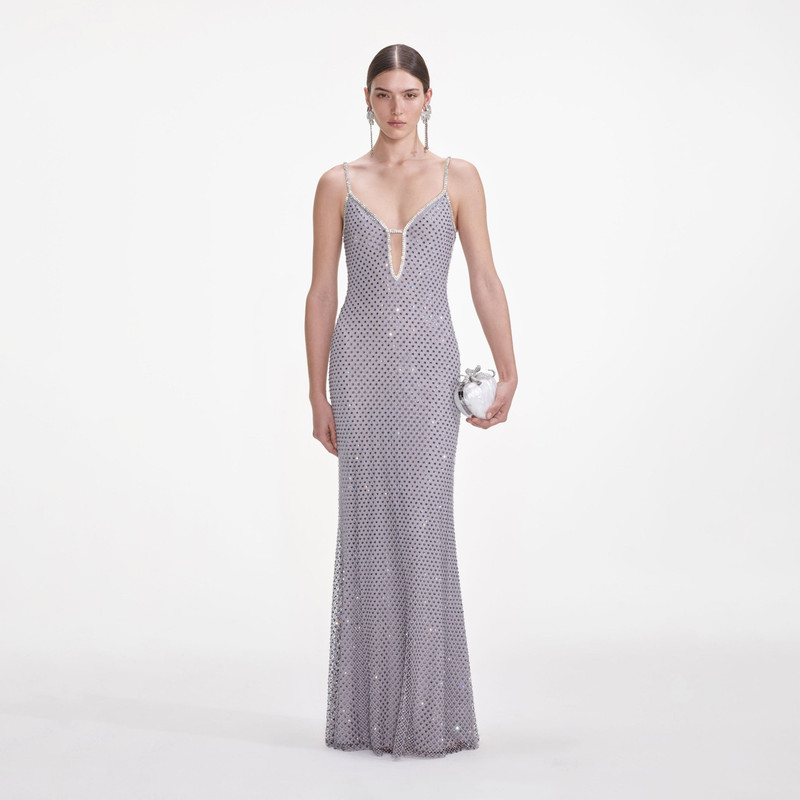 Grey Square Rhinestone Fishnet Maxi Dress 1