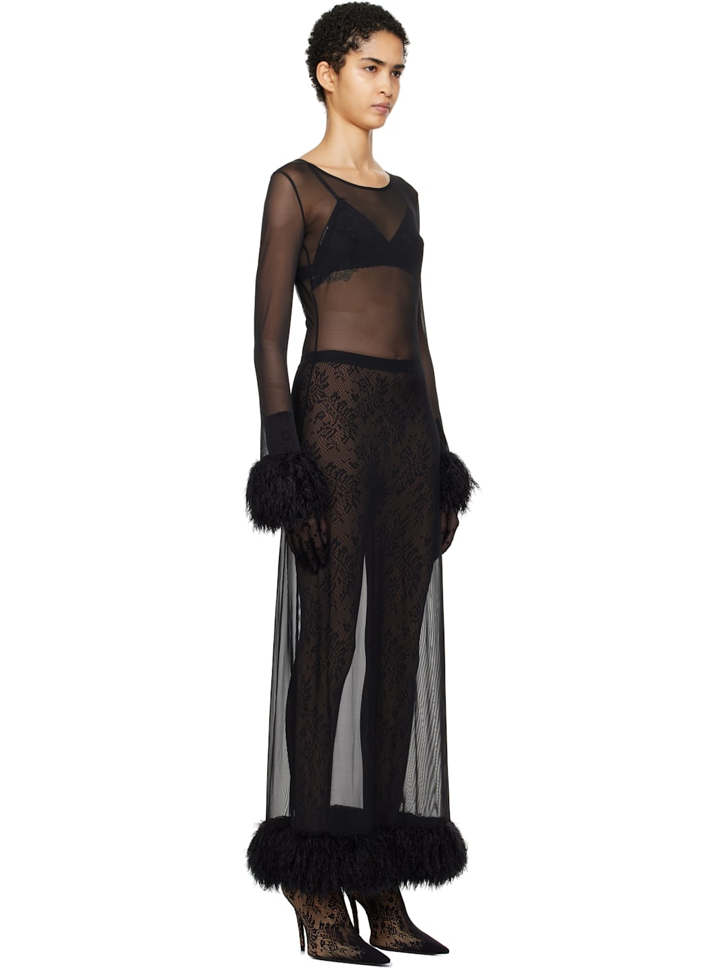 Black Mesh Jersey Long Maxi Dress - 2