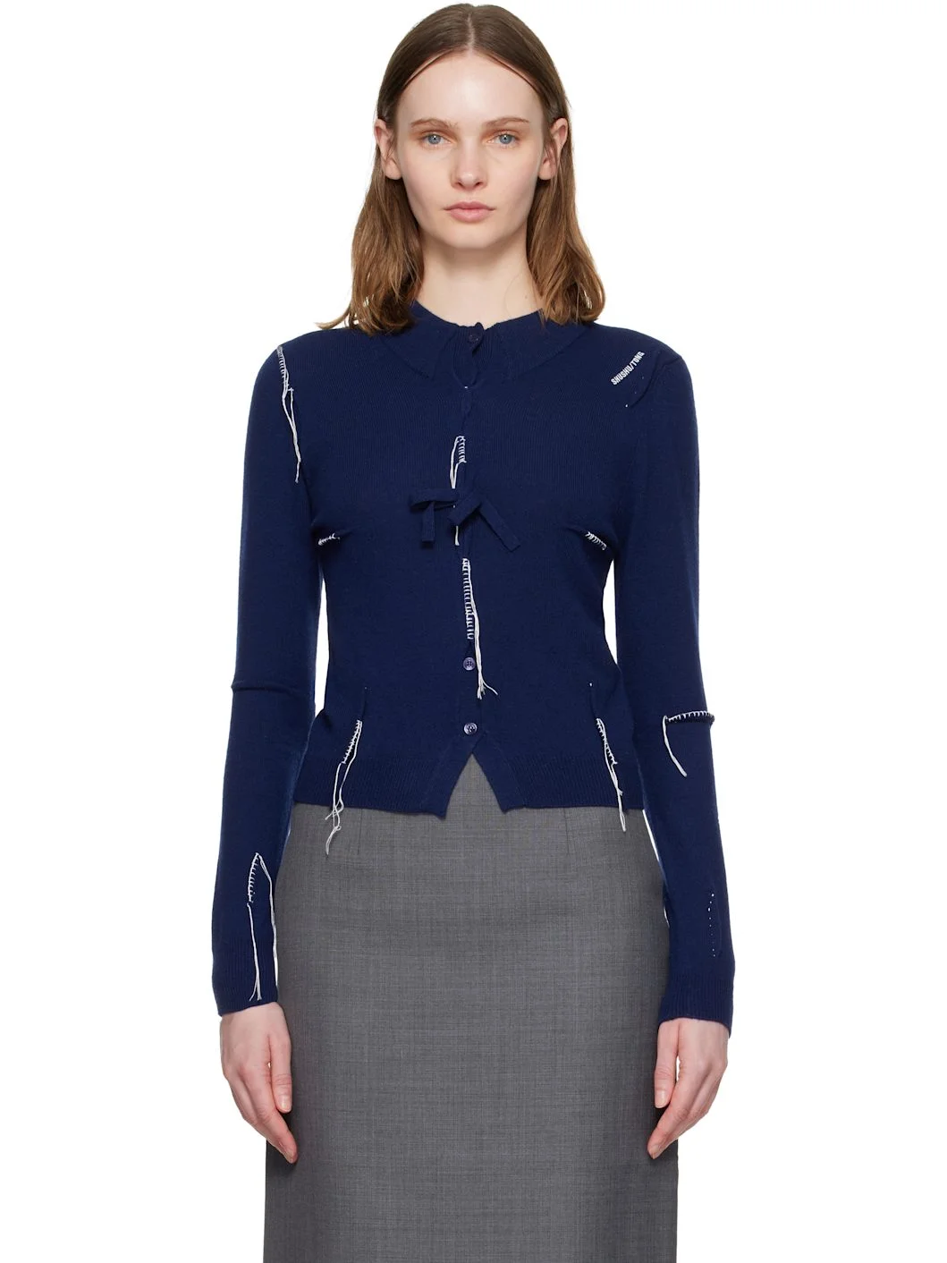 Navy Pin-Tuck & Threadwork Knit Sweater - 1