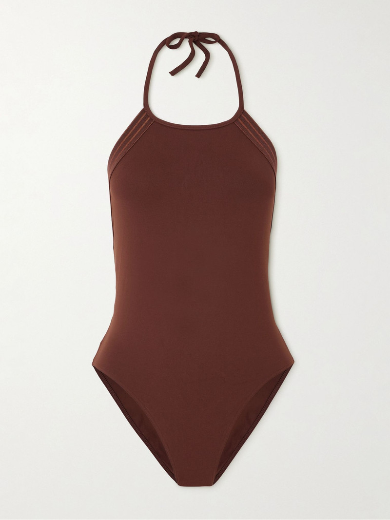 Evening Numero metallic striped halterneck swimsuit Brown 1