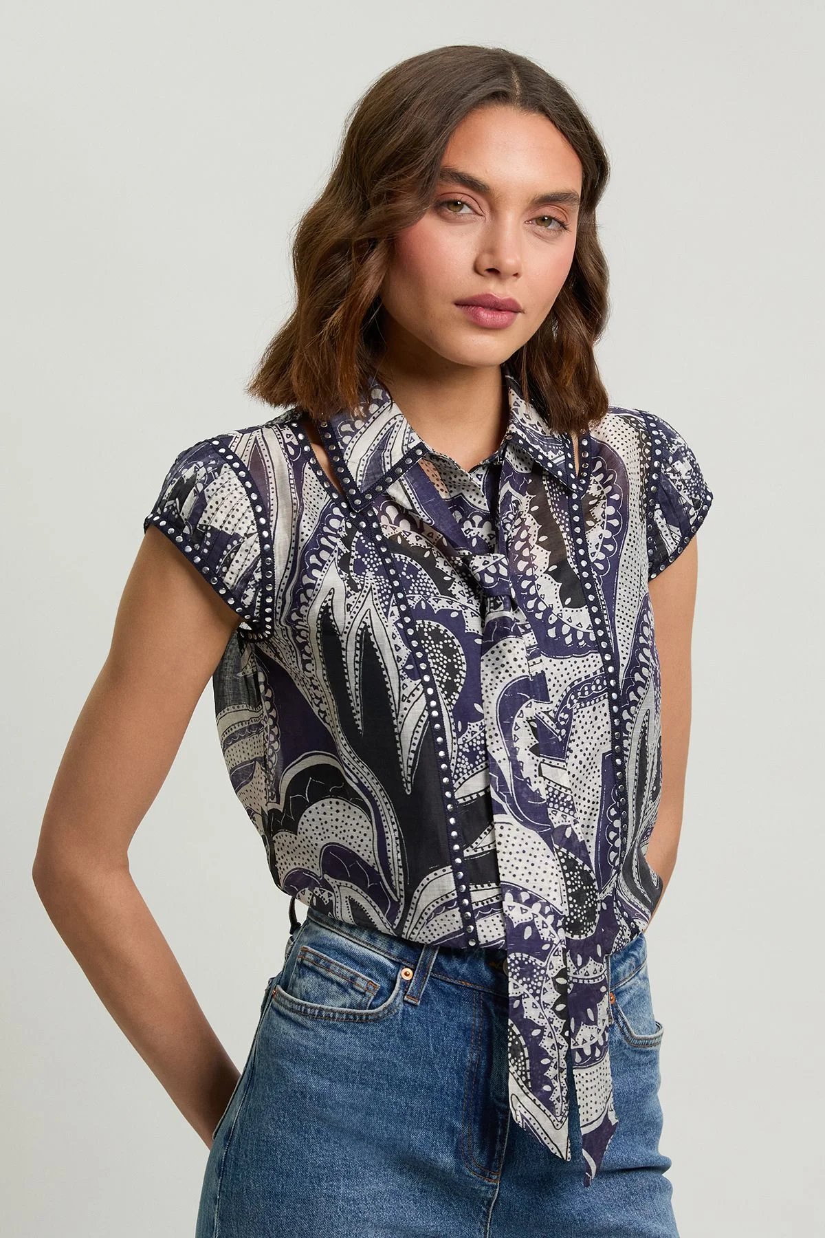 Mono Floral Printed Studded Blouse - 1