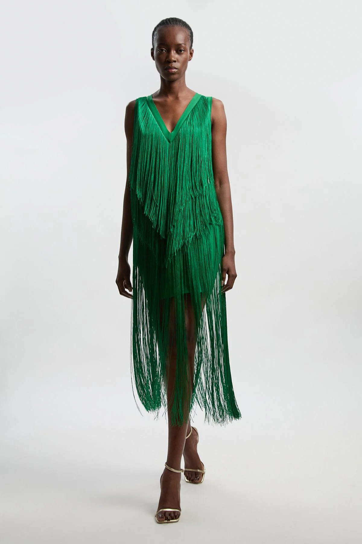 Fringe Bandage V Neck Knit Midi Dress - 1