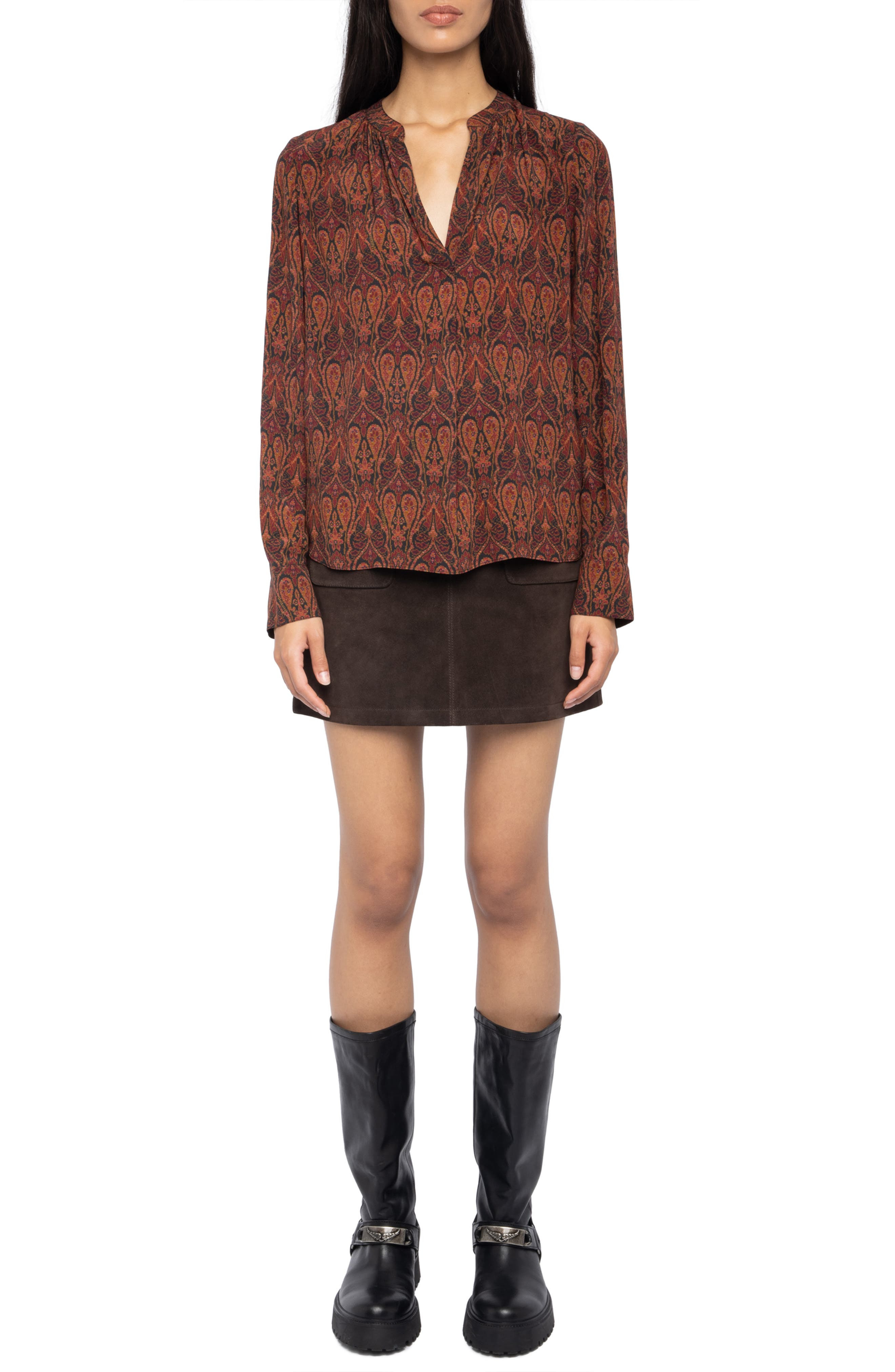 Zadig & Voltaire Tinko Paisley Print Long Sleeve Shirt in Brown/Black at Nordstrom - 6