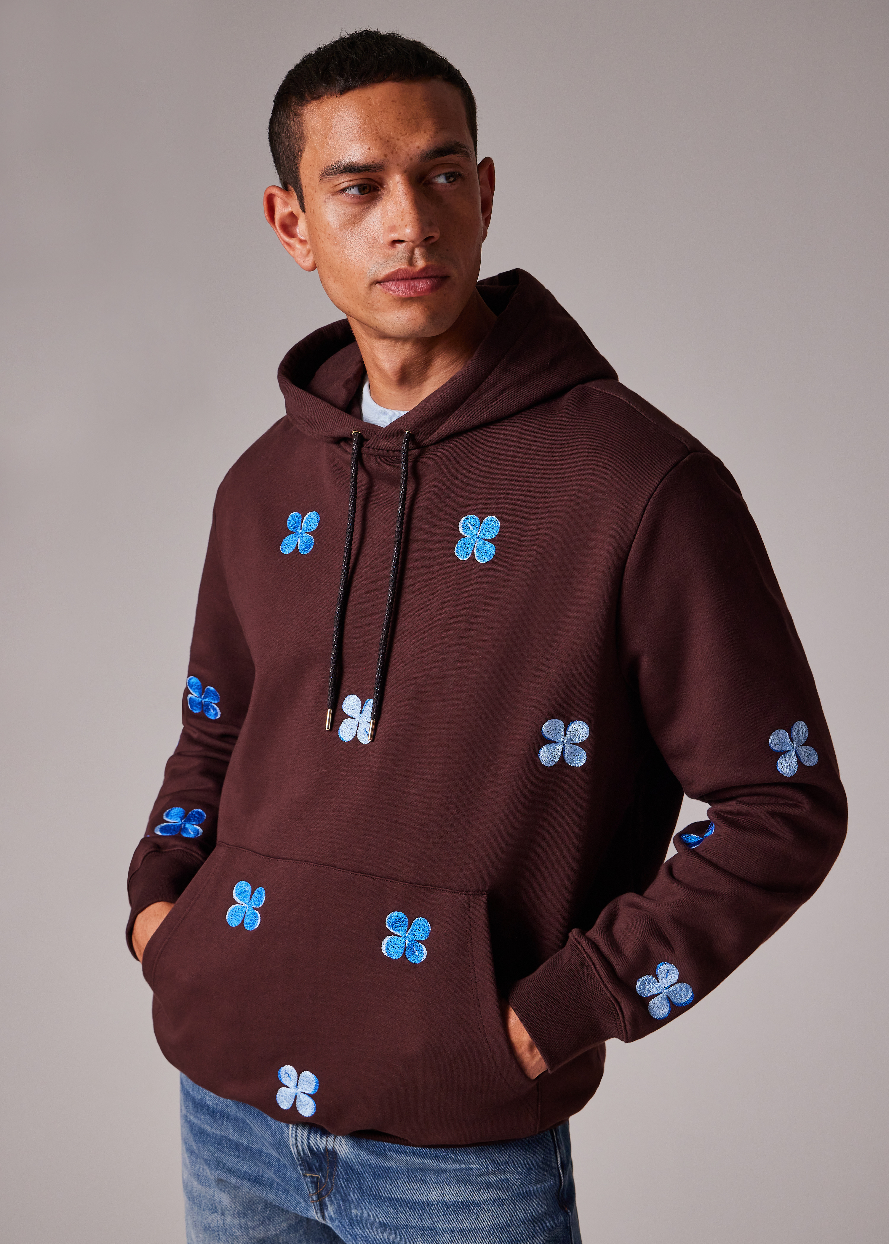 Burgundy Embroidery Floral Cotton Hoodie - 4