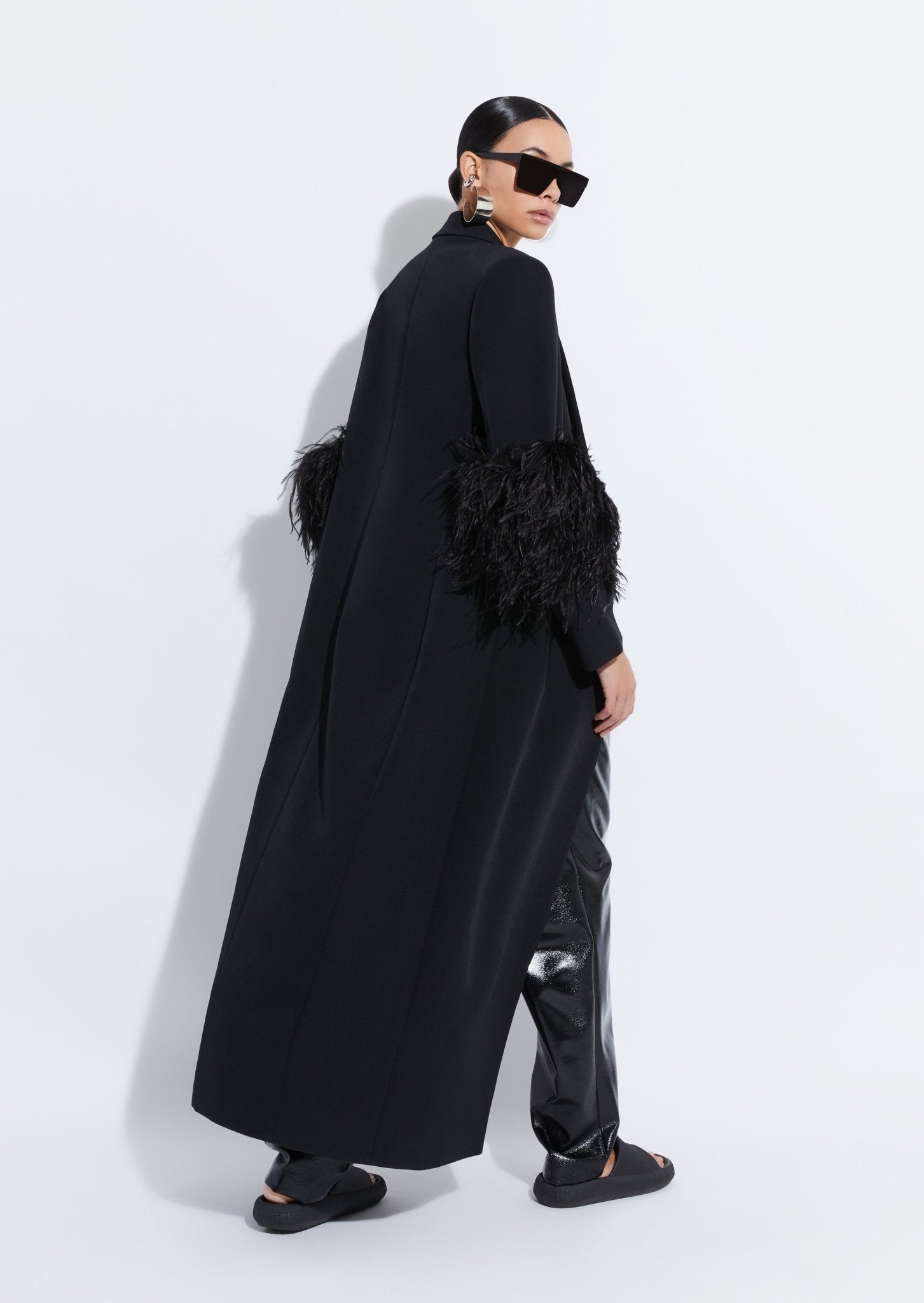 Matte Crepe Elongated Coat with Feathers - 3