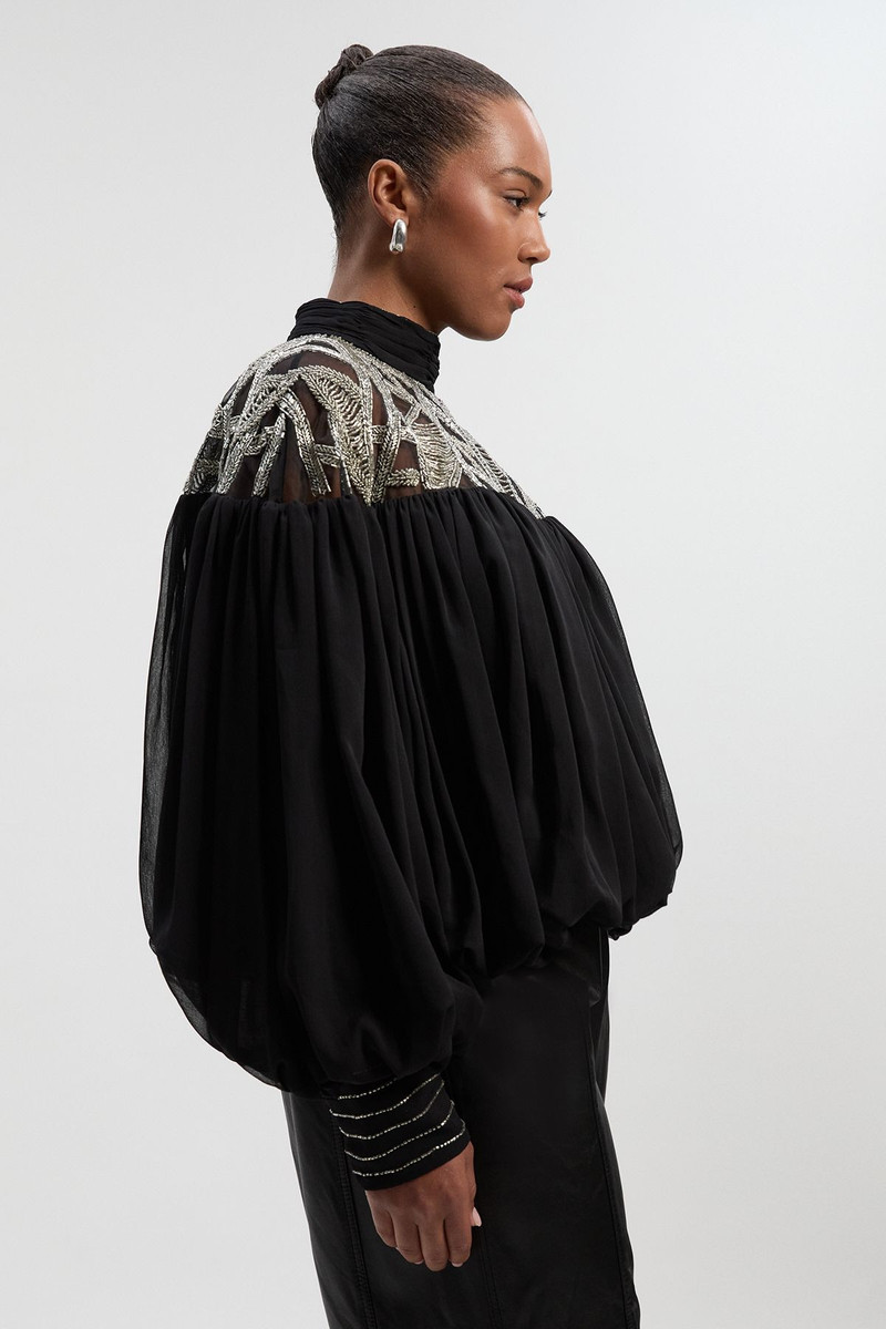 KAREN MILLEN Plus Size Crystal Embellished Cutwork Cape Detail Woven Drama Blouse outlook