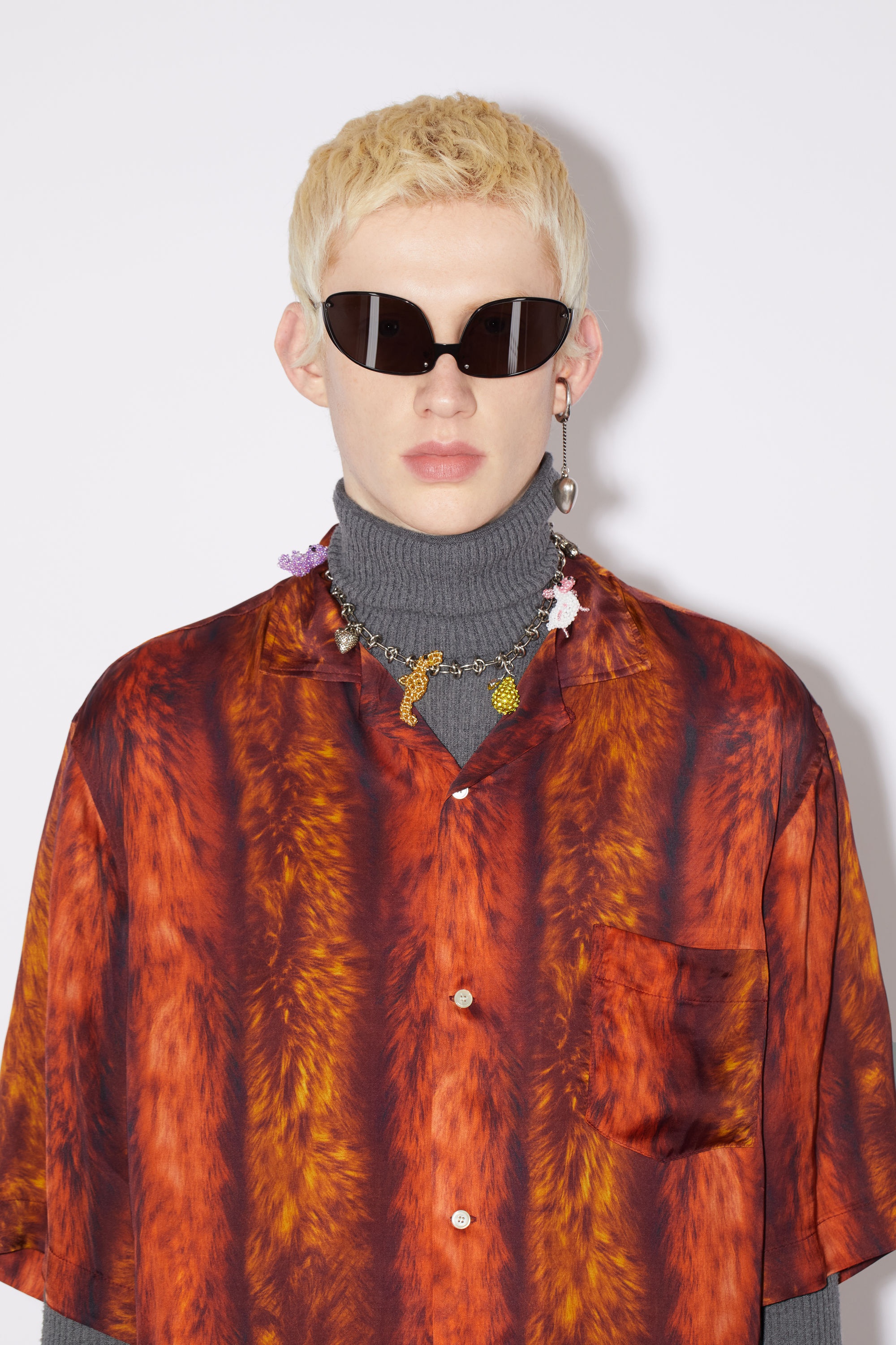 Fur print button-up short sleeve shirt - Red - 5