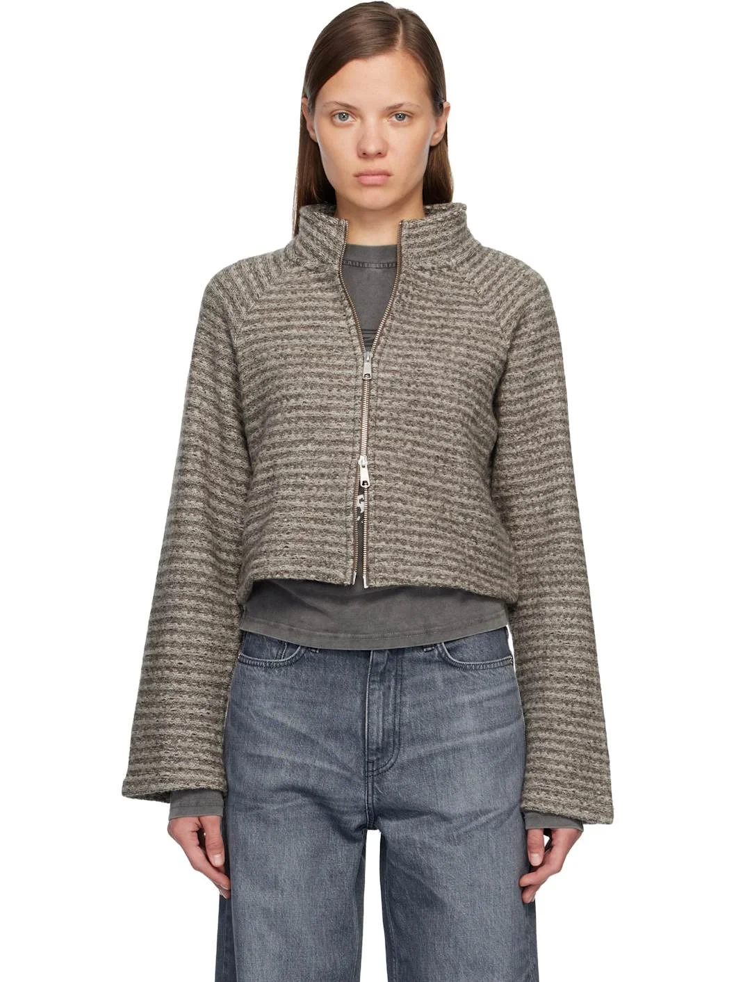 Gray Cropped Leisure Zip Up Jacket - 1