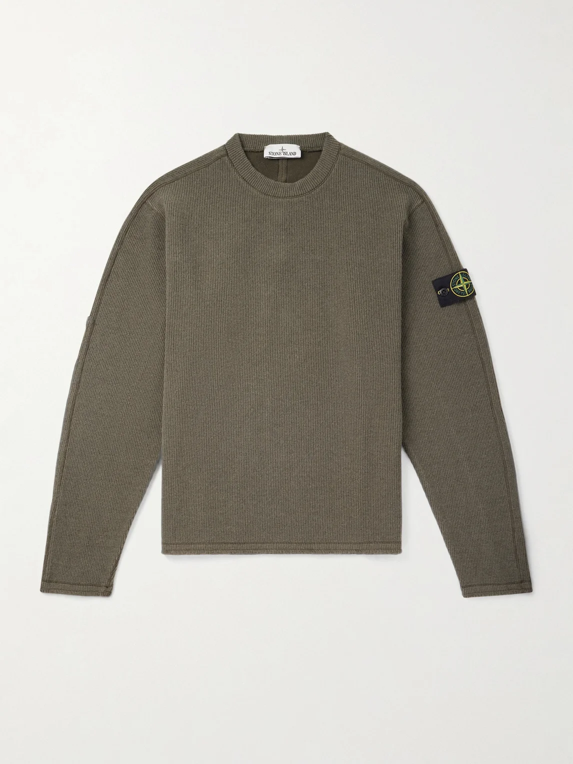 Logo-Appliquéd Grosgrain-Trimmed Garment-Dyed Ribbed Wool-Blend Sweatshirt - 1