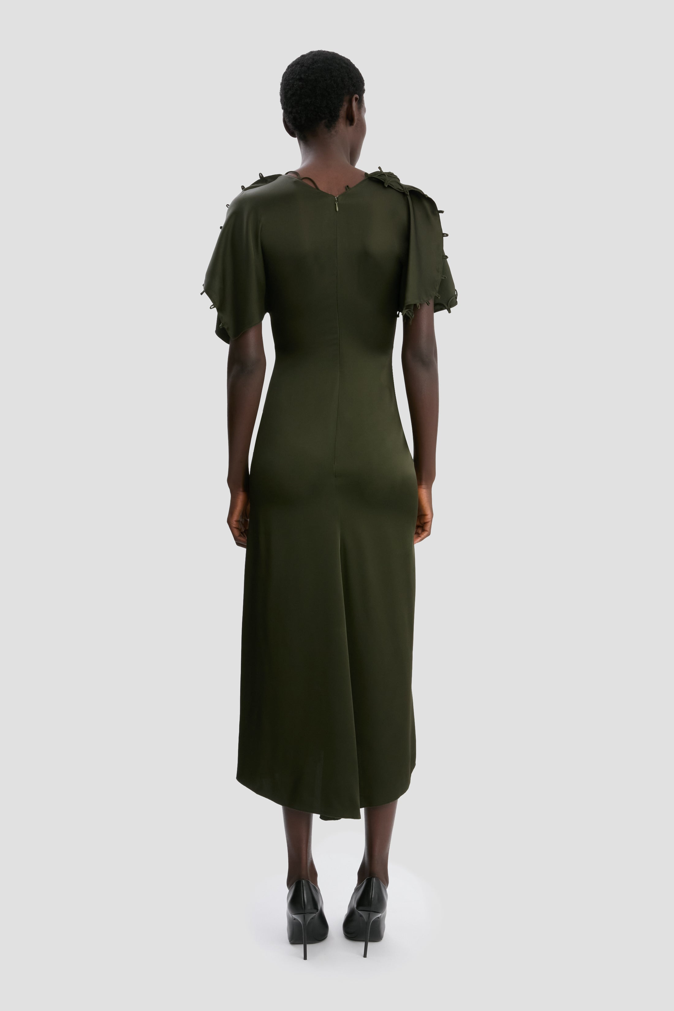 Rouleaux Detail Midi Dress In Dark Olive - 5