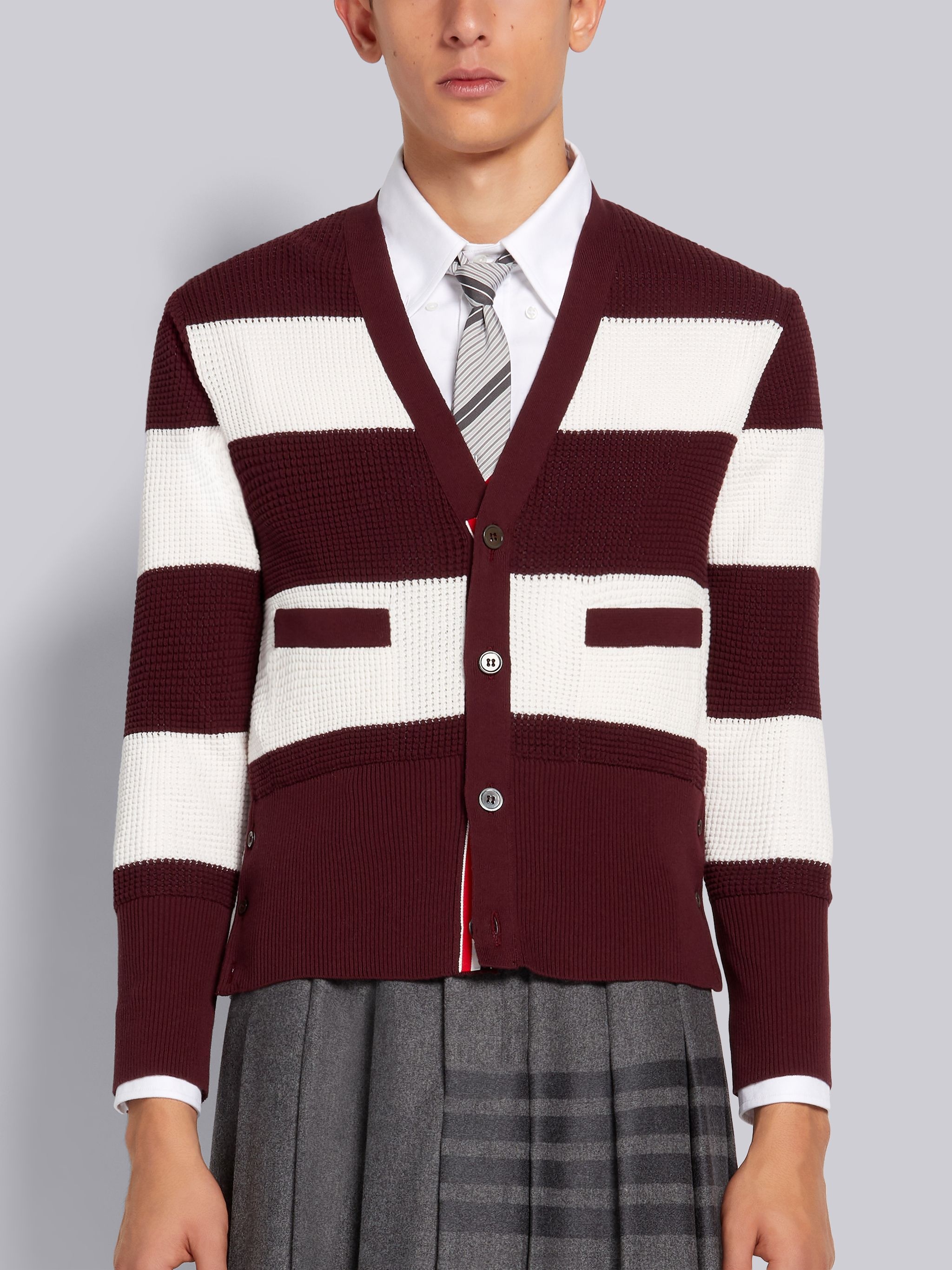 Dark Red Cotton Textured Rugby Stripe Classic Fit Cardigan - 1