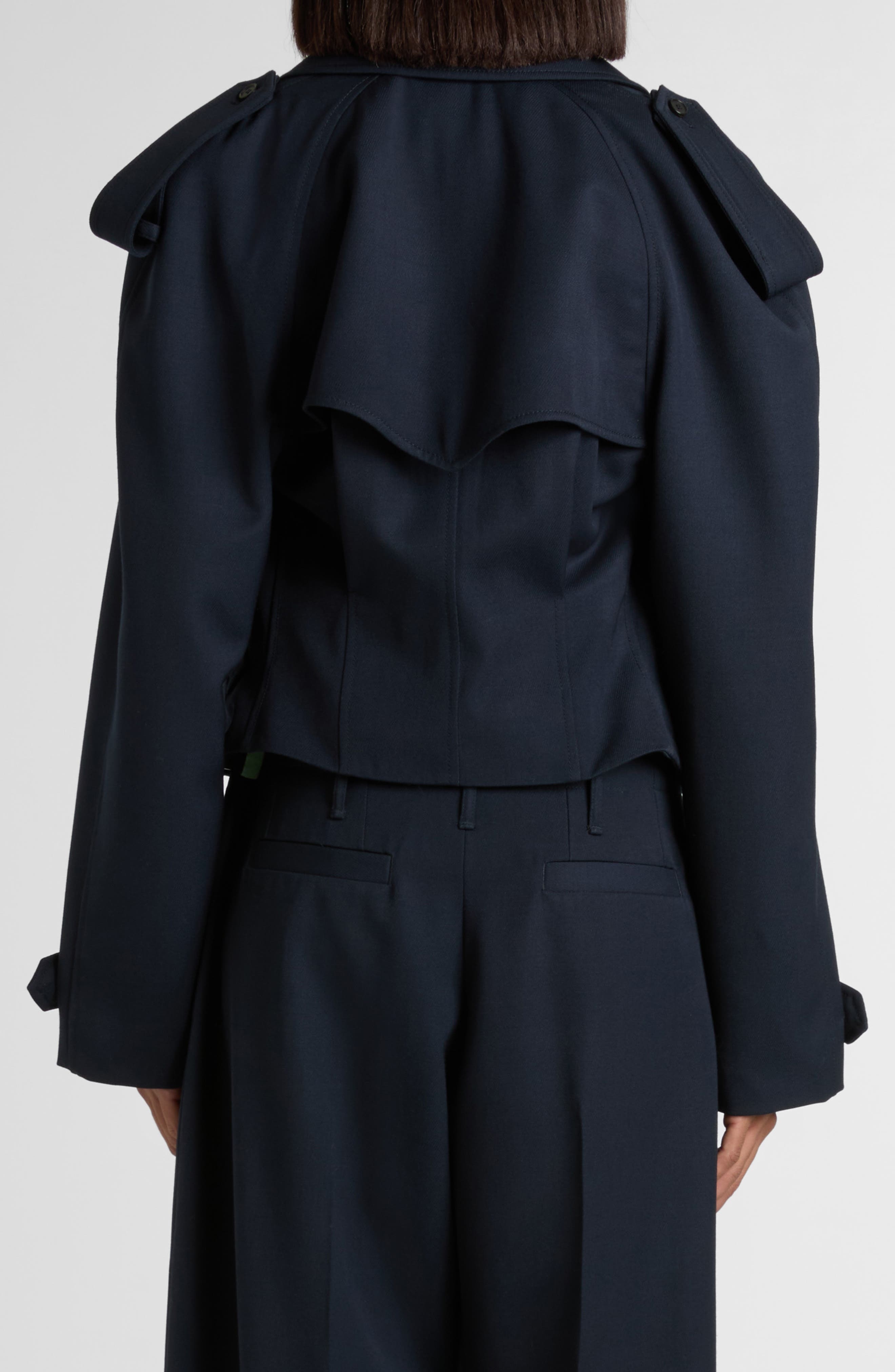 McQueen Double Breasted Wool & Cotton Crop Trench Coat in Navy at Nordstrom - 3