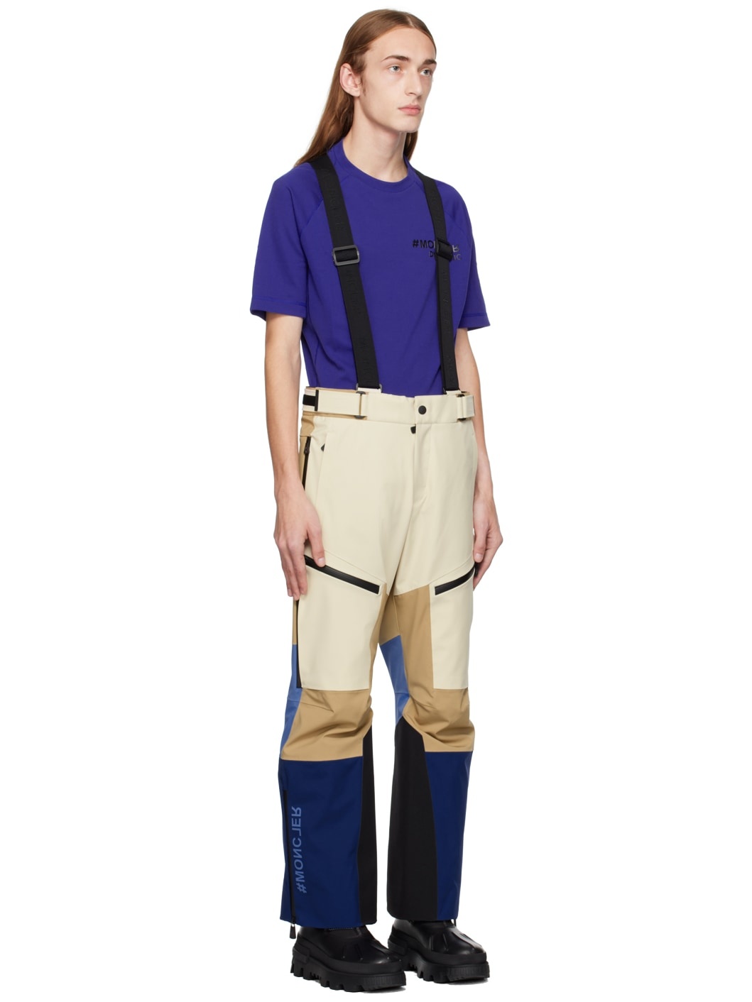 Beige & Blue Paneled Ski Pants - 2