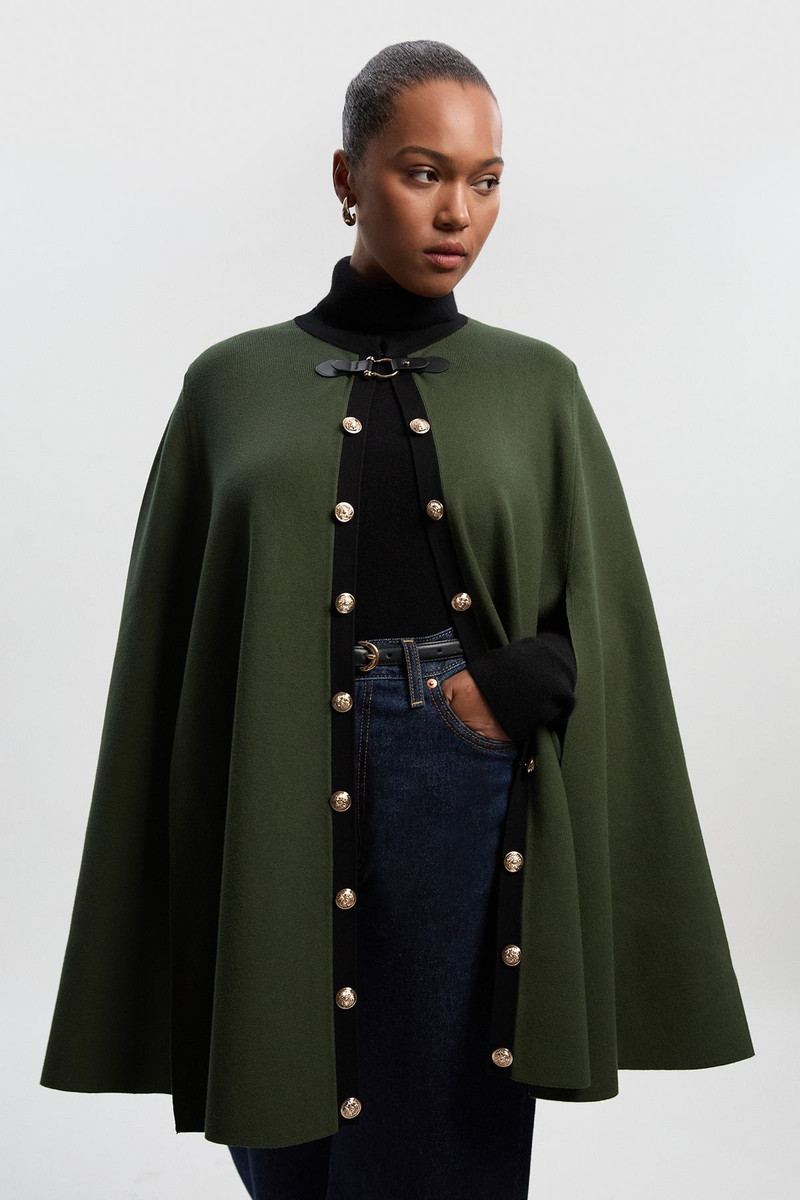 Plus Size Viscose Blend Military Trim Knitted Cape 1