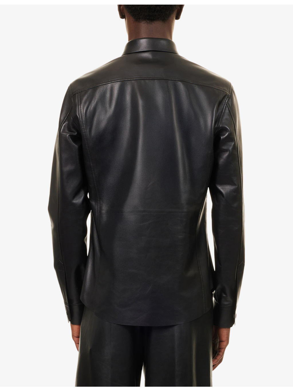 Curved-Hem Long-Sleeves Leather Shirt - 4