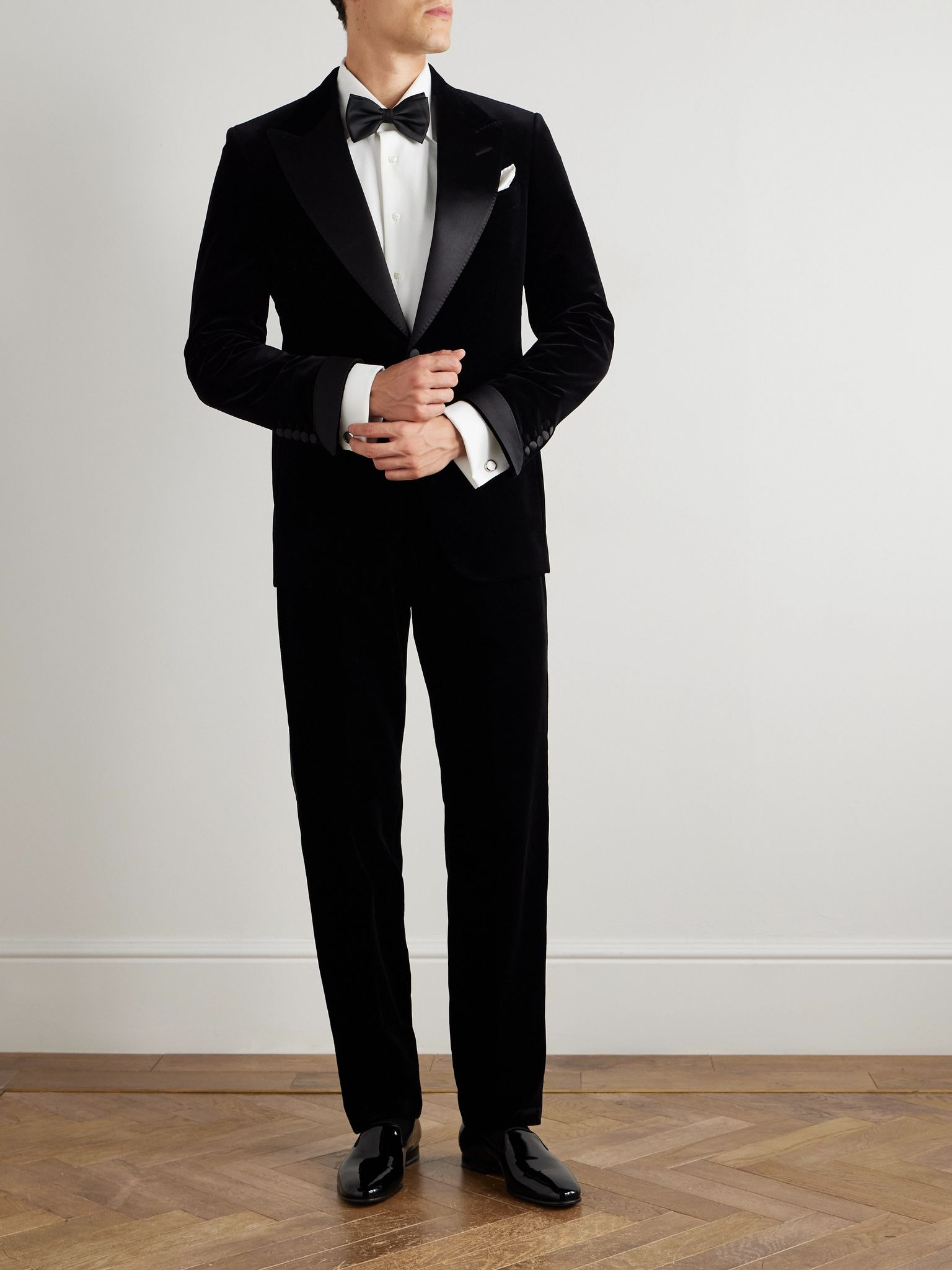 Atticus Straight-Leg Satin-Trimmed Cotton-Velvet Tuxedo Trousers Black - 2