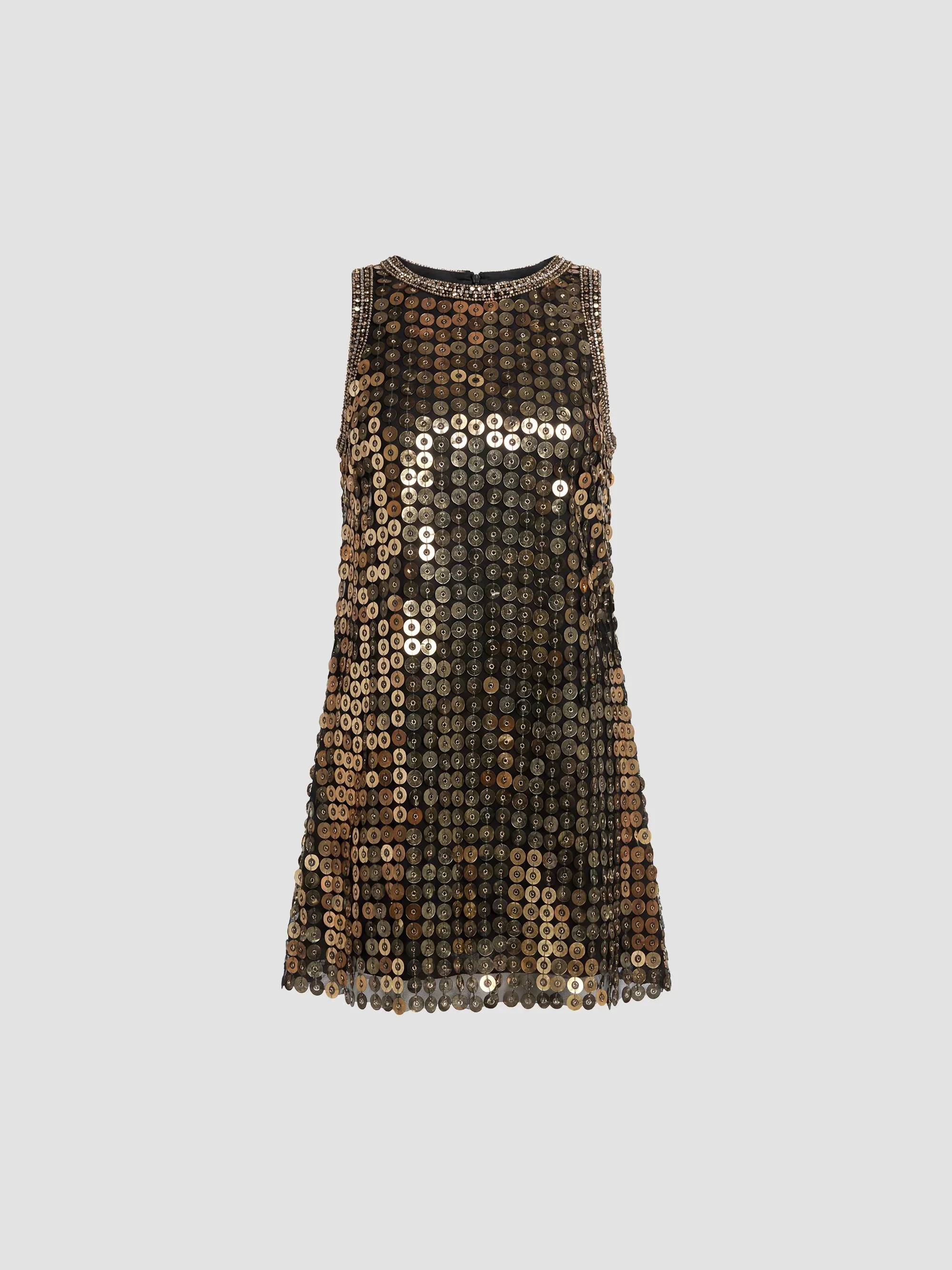 Women's Beaded Georgette Sleeveless A-Line Mini Dress - Black - 1