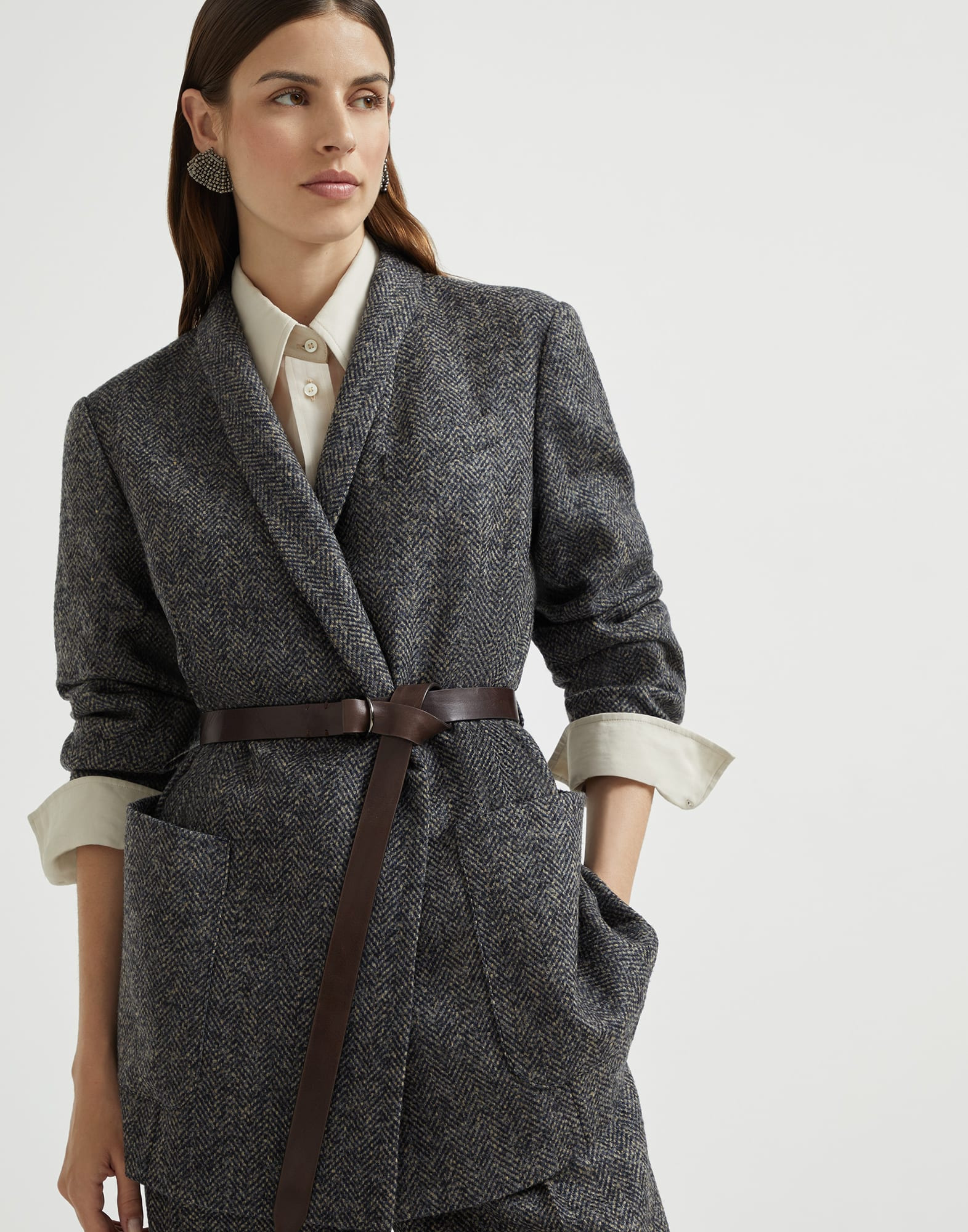 Virgin wool herringbone tweed blazer with monili and belt - 4