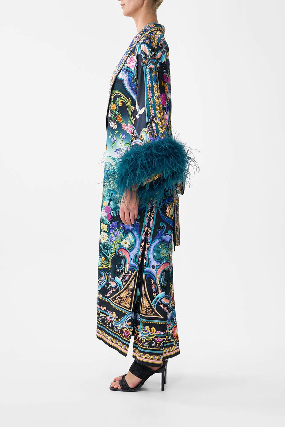 LONG ROBE WITH NARROW COLLAR AND FEATHERS - 4