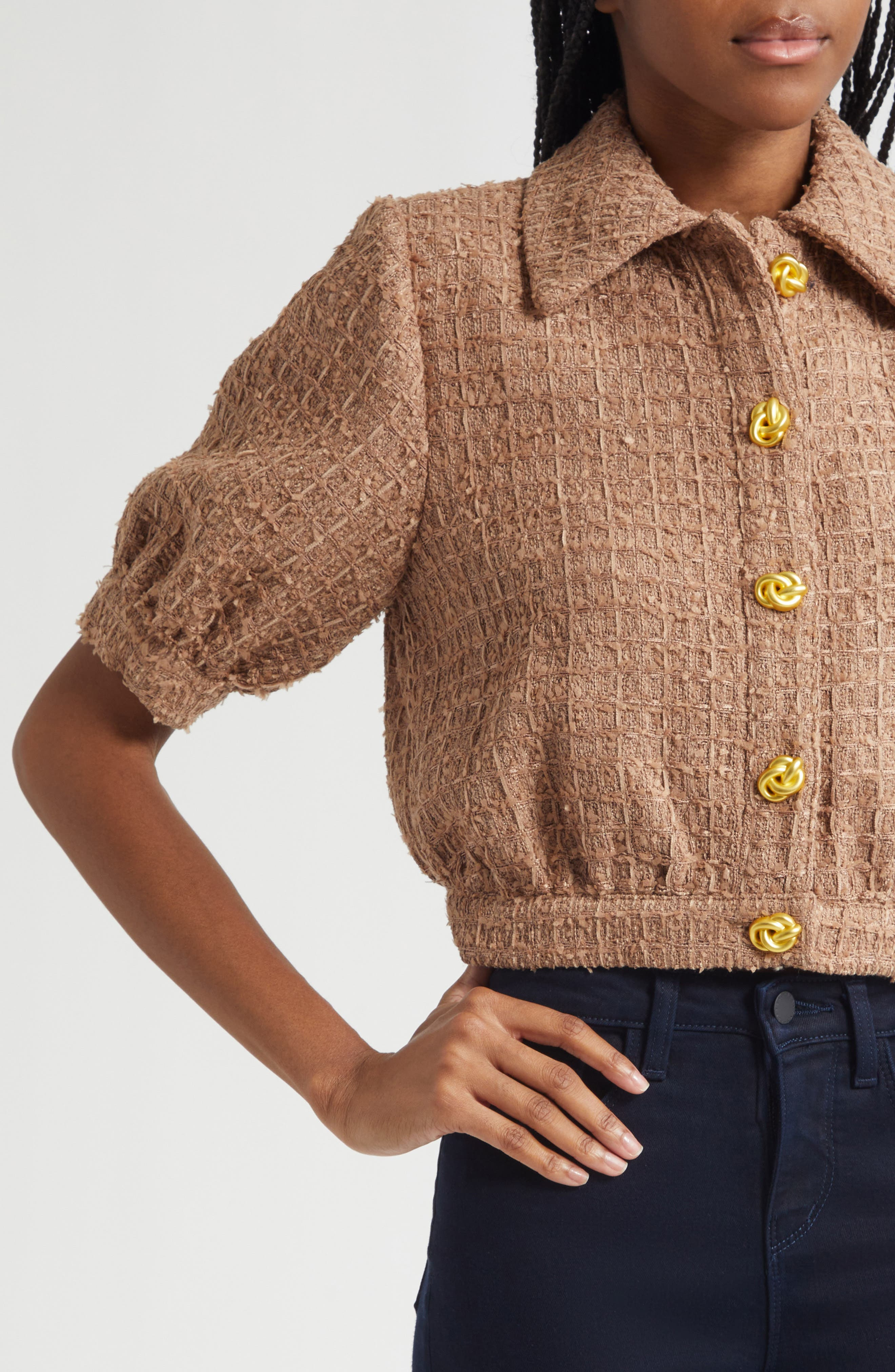 L'AGENCE Cove Tweed Elbow Sleeve Crop Jacket in Cappuccino at Nordstrom - 5