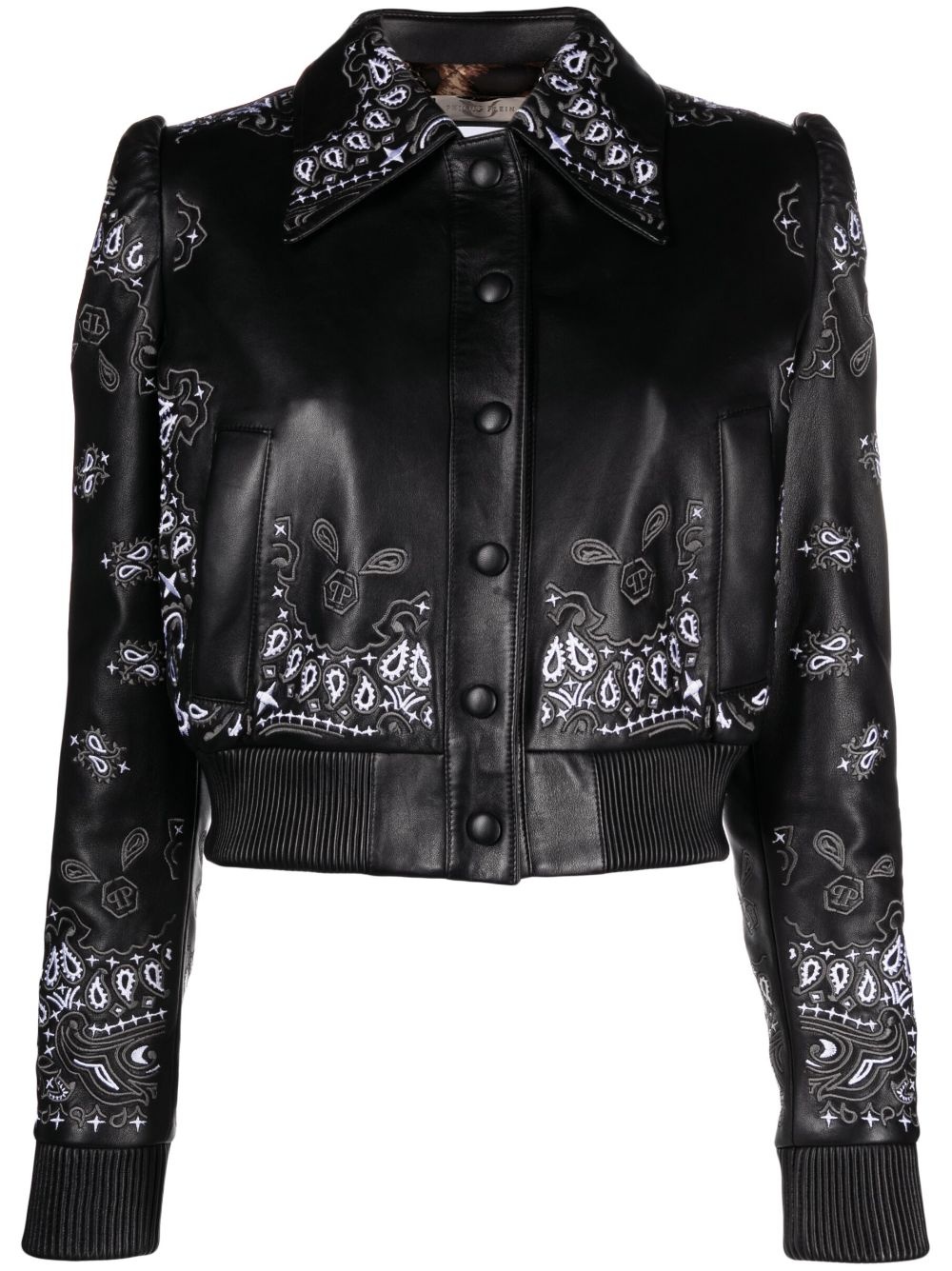 embroidered leather jacket - 1