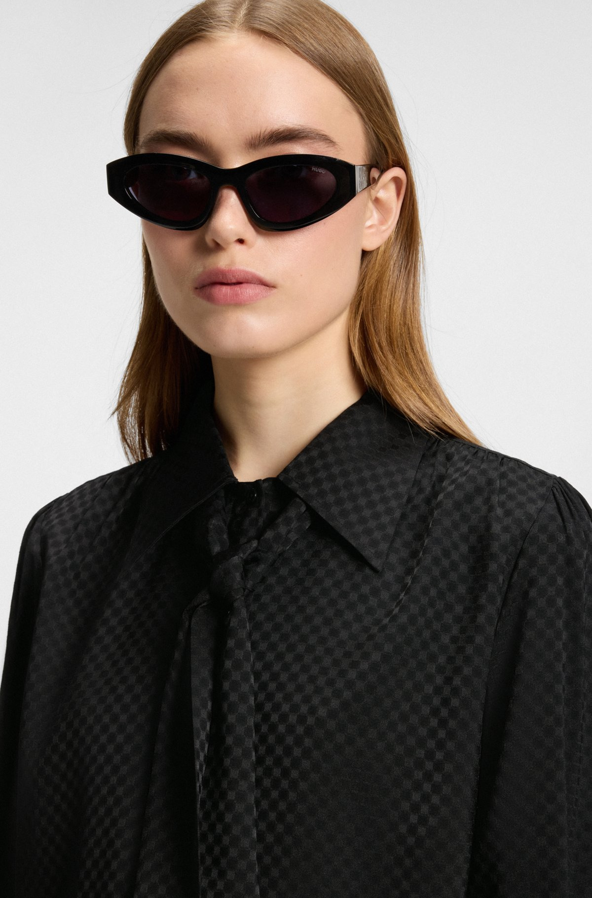 REGULAR-FIT BLOUSE IN CHECKERBOARD JACQUARD WITH TIE NECKLINE - 4