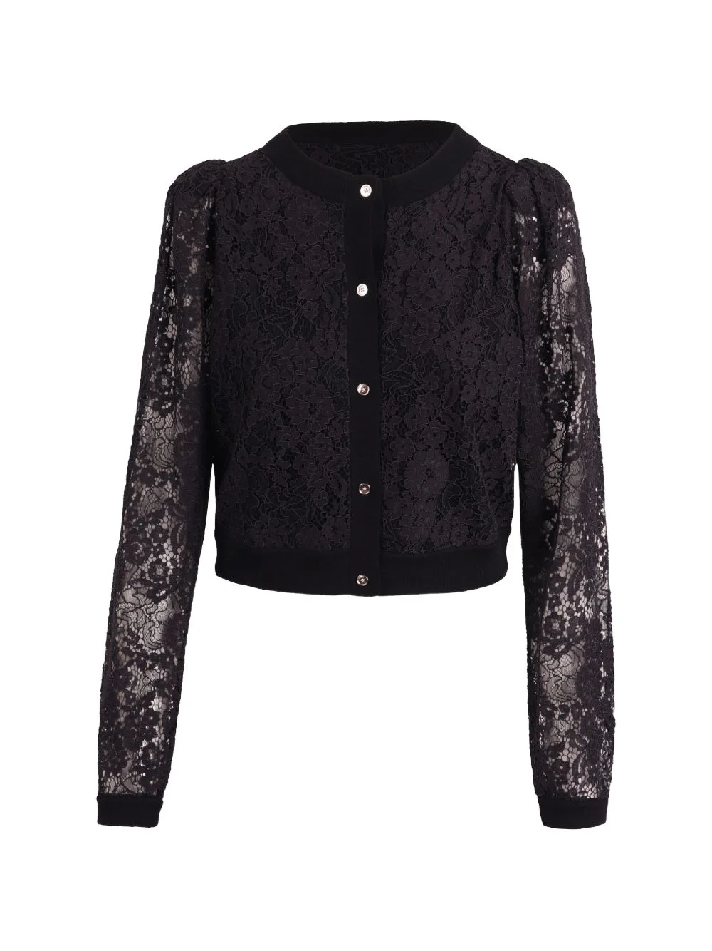 lace-overlay puff-sleeve cardigan - 1