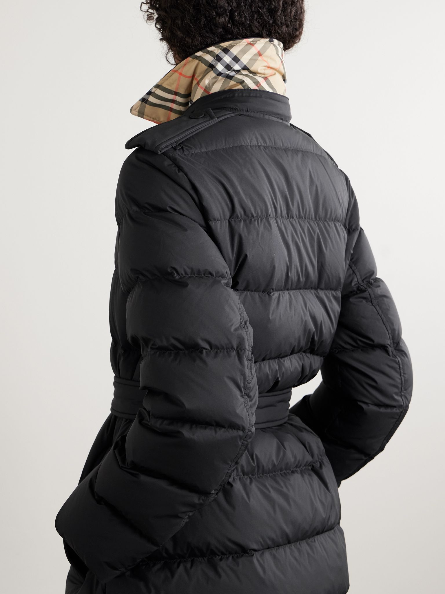 Belted double-breasted quilted shell down coat Black - 6