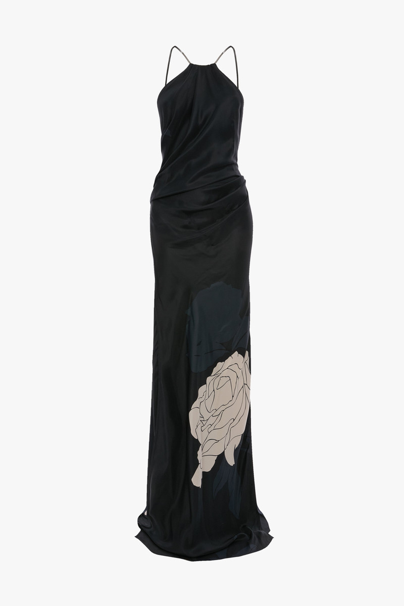 Halter Gown In Dark Navy Floral Print 1