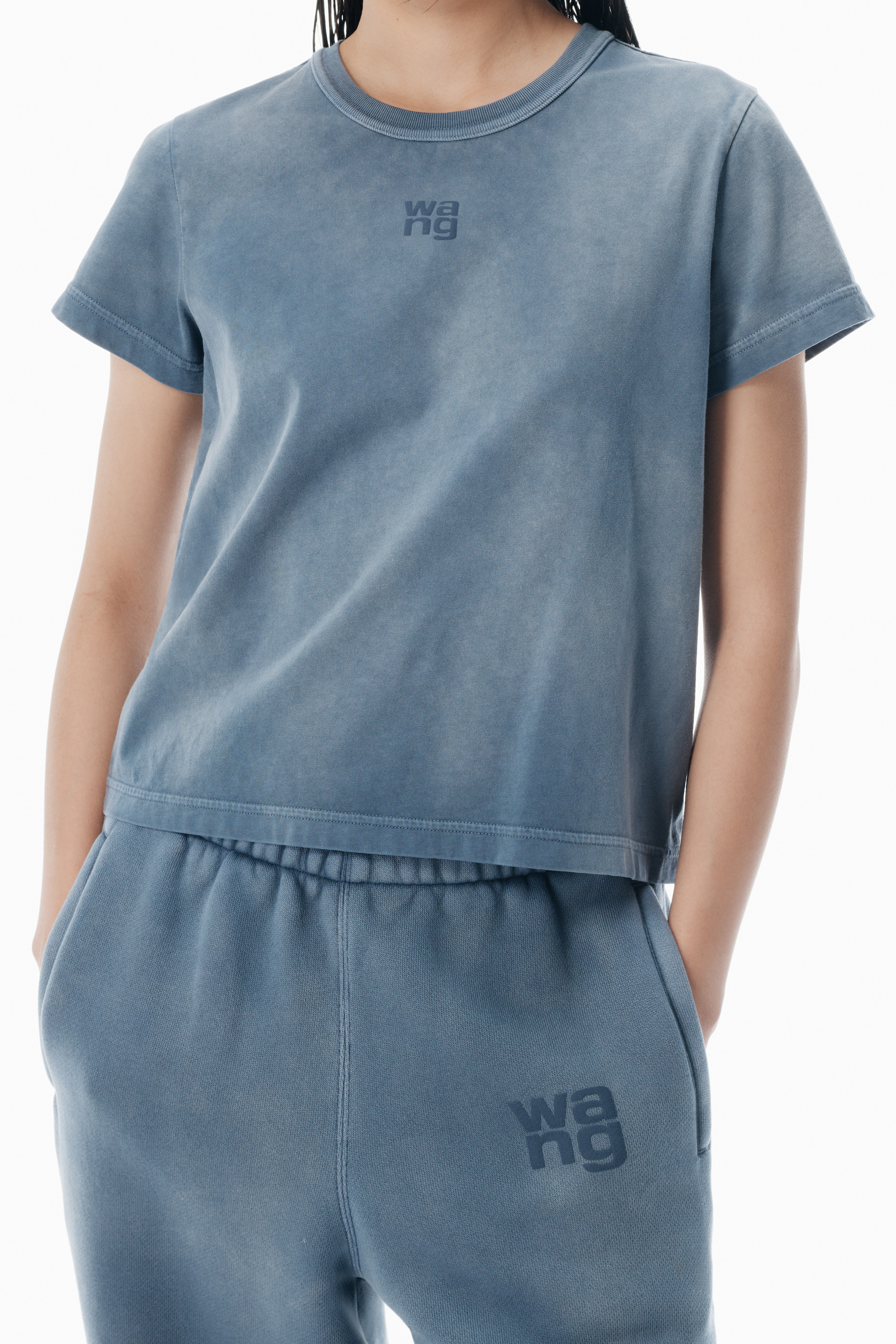 blue shrunken cotton tee with logo - 2