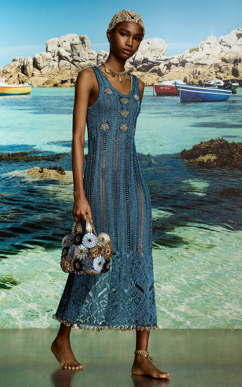 rabanne Embellished Metallic Knit Midi Dress turquoise outlook