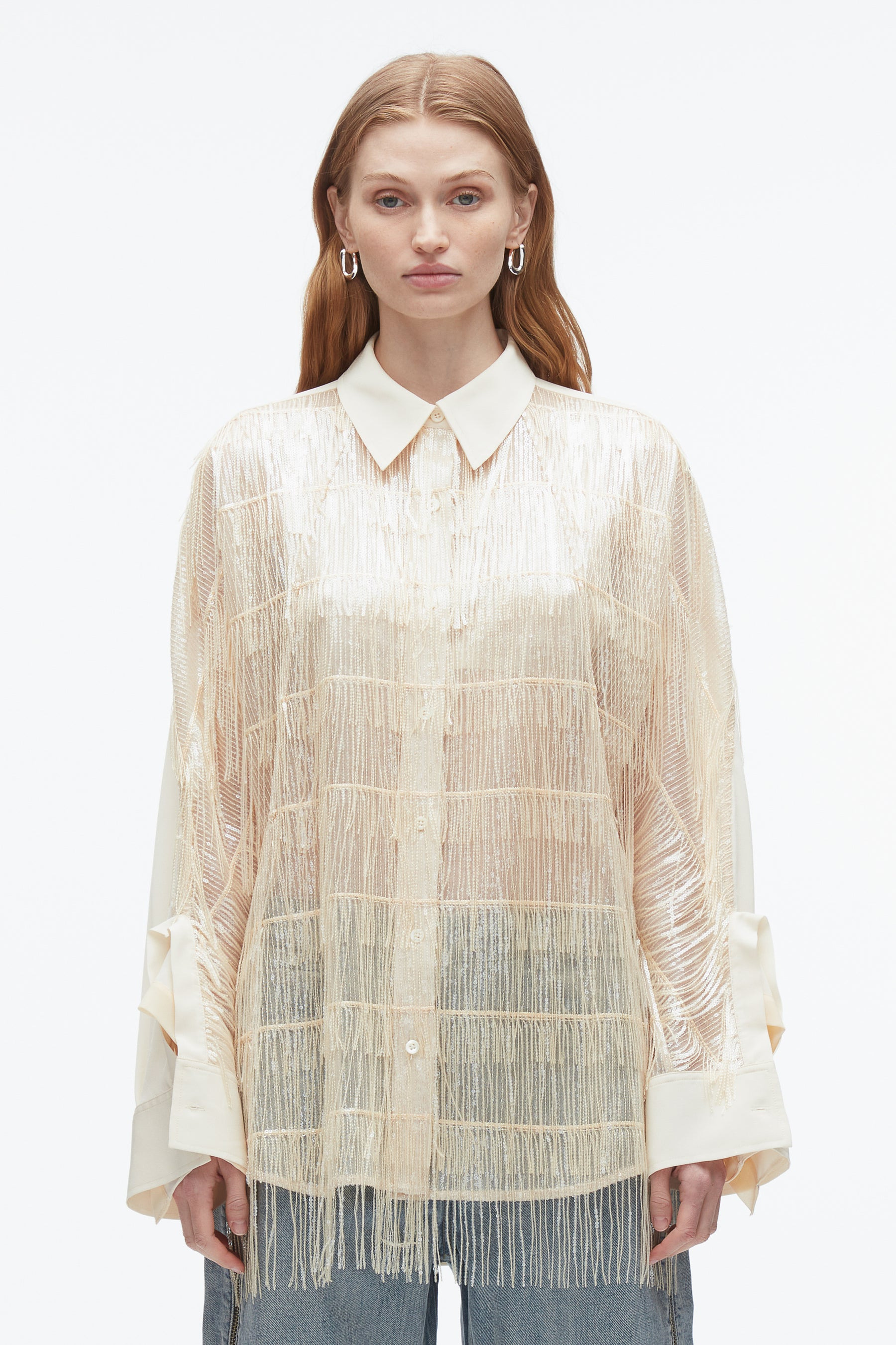 Sequin Fringe Shirt with Cascade Drape - 3