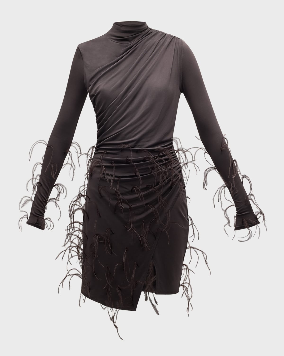 Feather-Trim Long-Sleeve Draped Jersey Mini Dress - 1