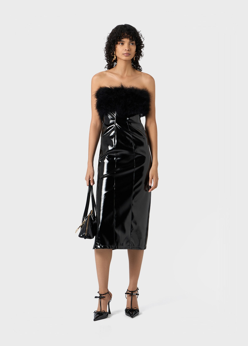 Blumarine PATENT MIDI DRESS WITH MARABOU FEATHERS outlook