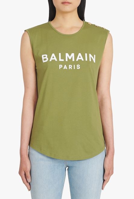 Khaki eco-designed cotton T-shirt with white Balmain logo print - 5