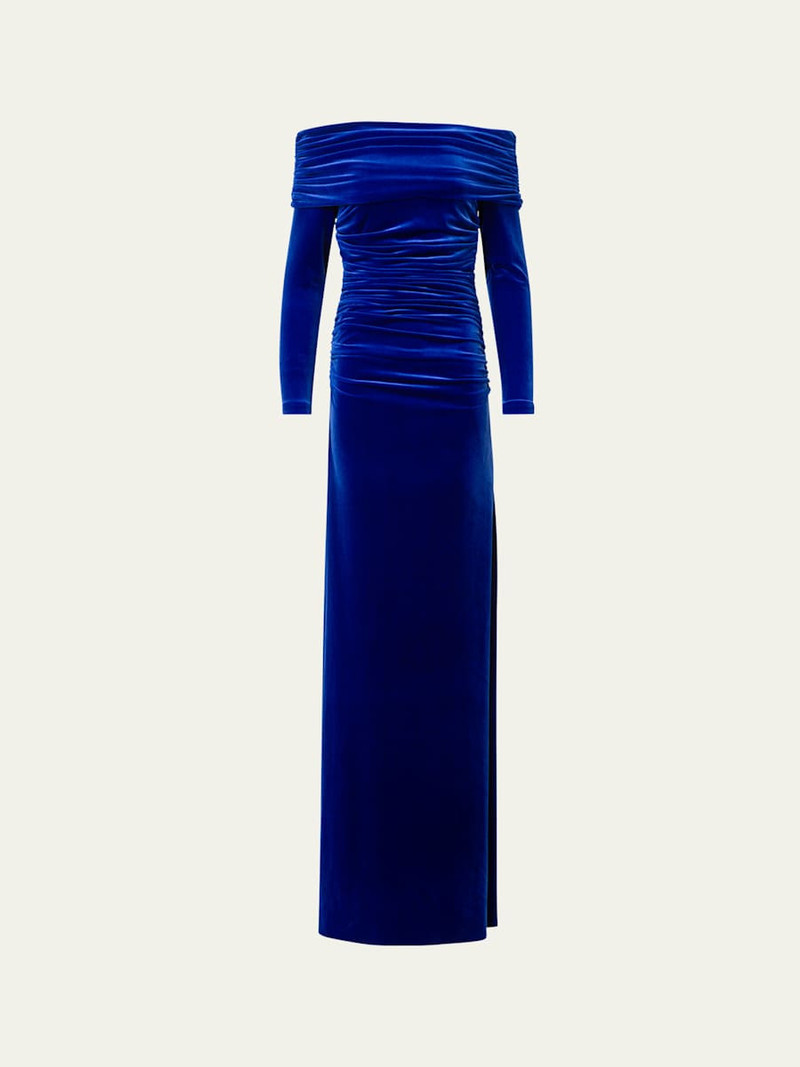 Velvet Off-the-Shoulder Draped Gown 1