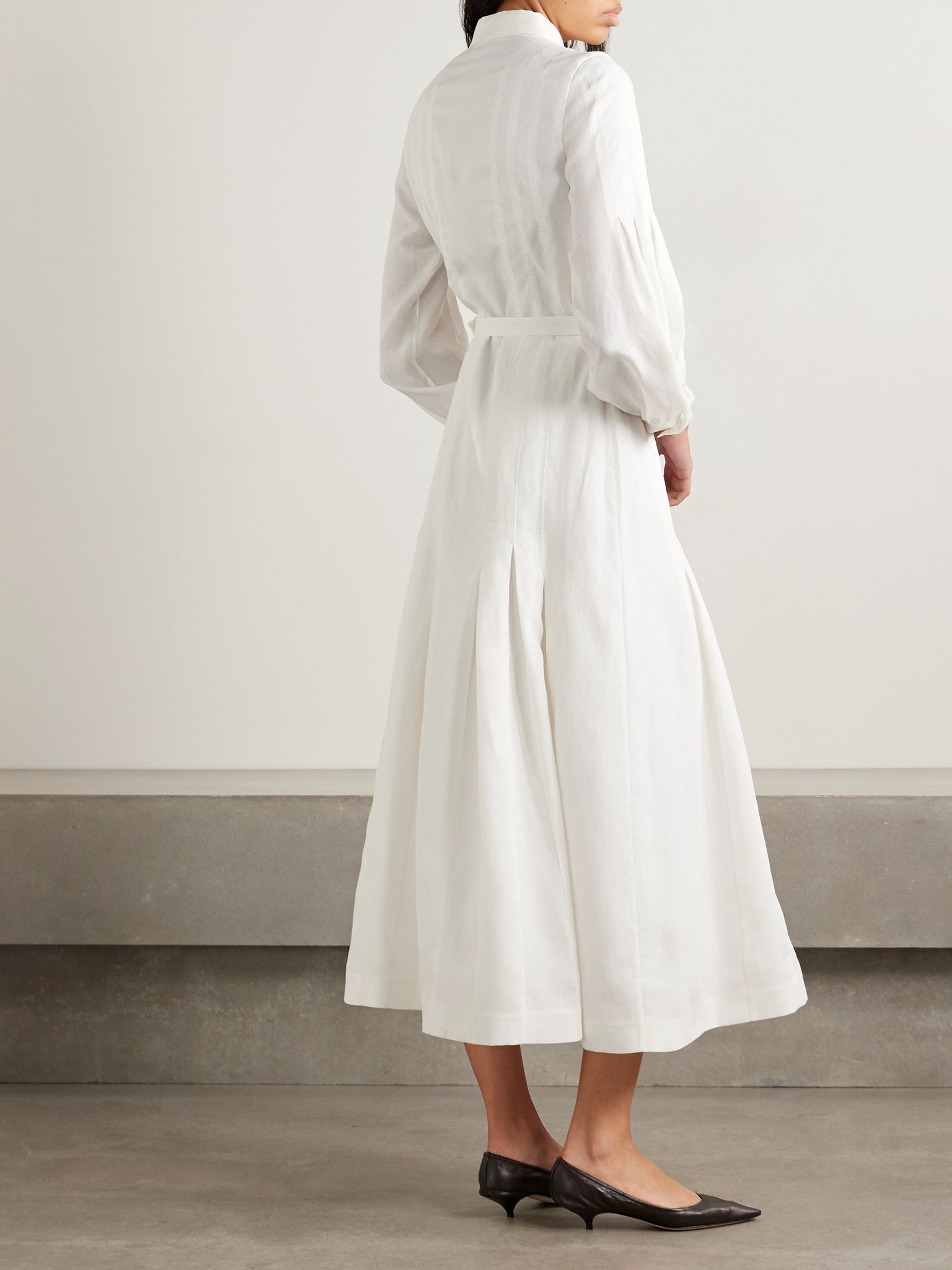 Aleka belted pleated linen midi shirt dress White - 3