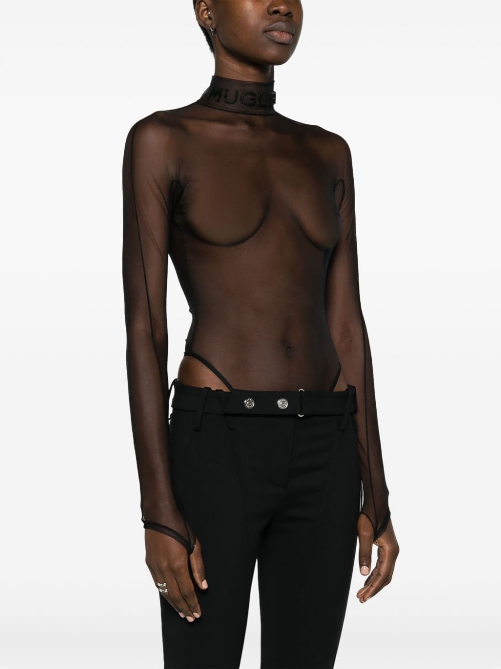 logo-embossed sheer bodysuit - 3