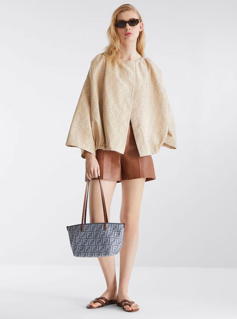 Fendi Women Blue Reversible Tote Bag With Two Top Leather Handles And All-Over Ff Motif In Cotton Wo - 7