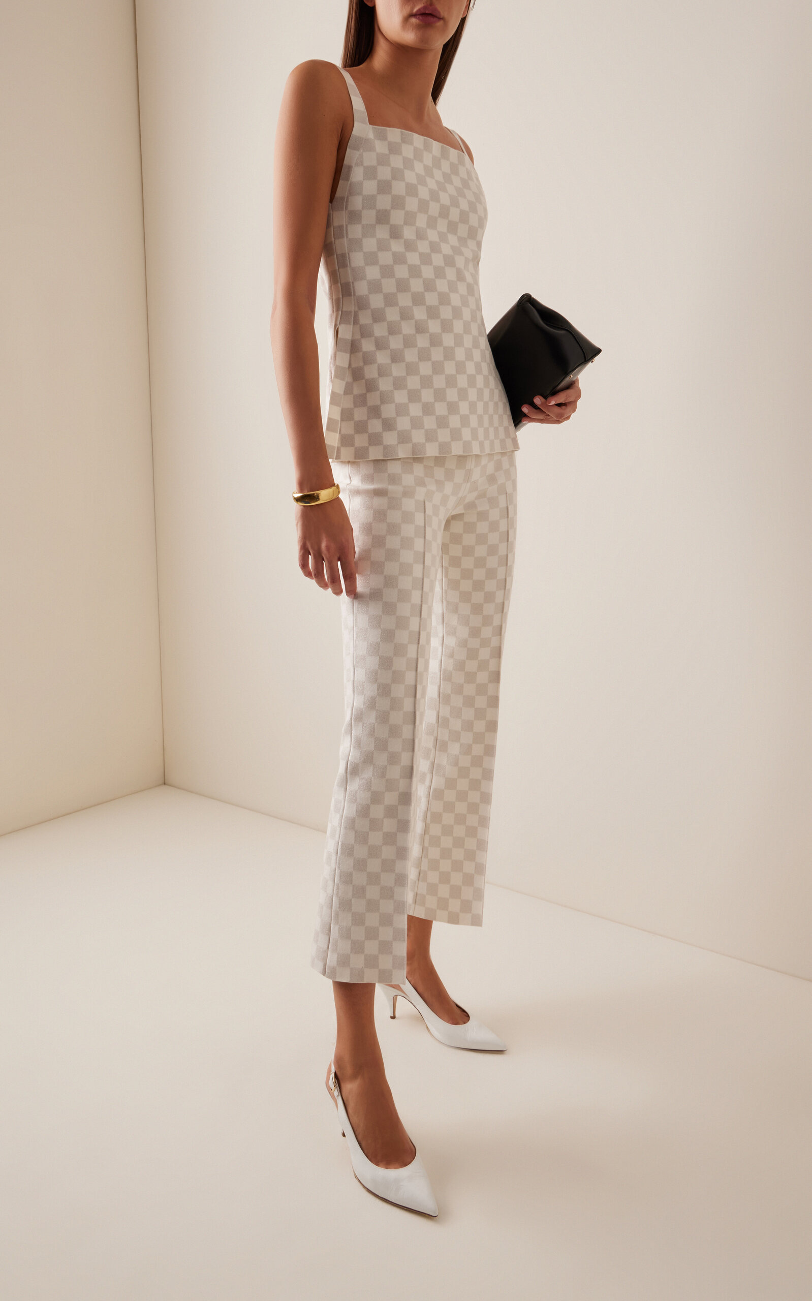 Exclusive Asher Checked Cotton-Blend Knit Apron Top ivory - 3