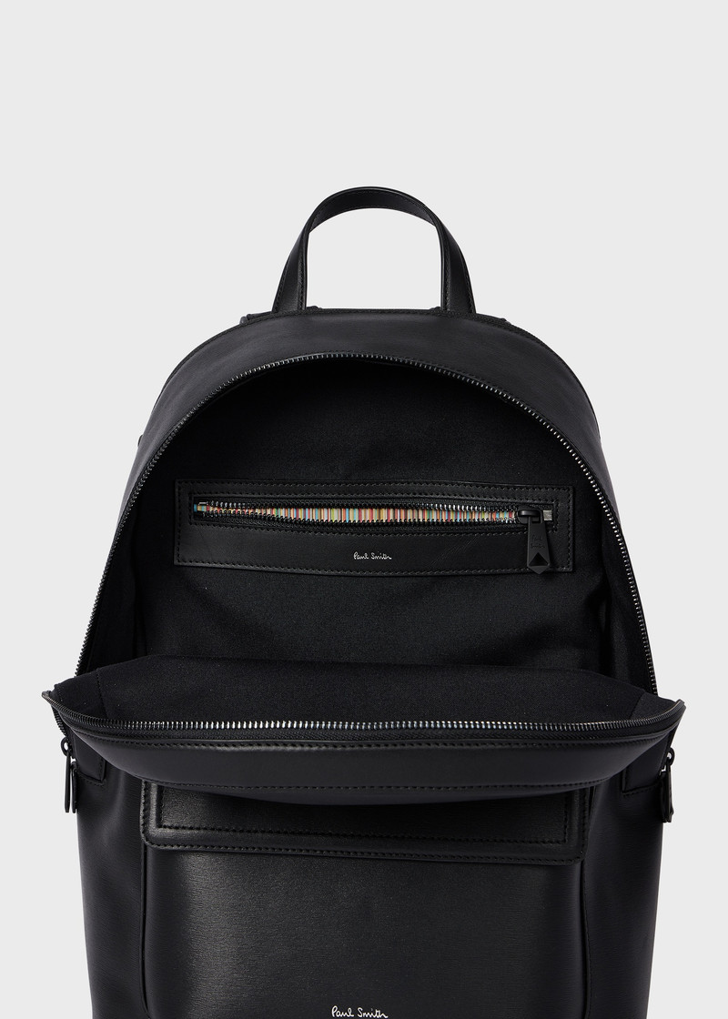 Black Straw-Grain Embossed Leather Backpack 7