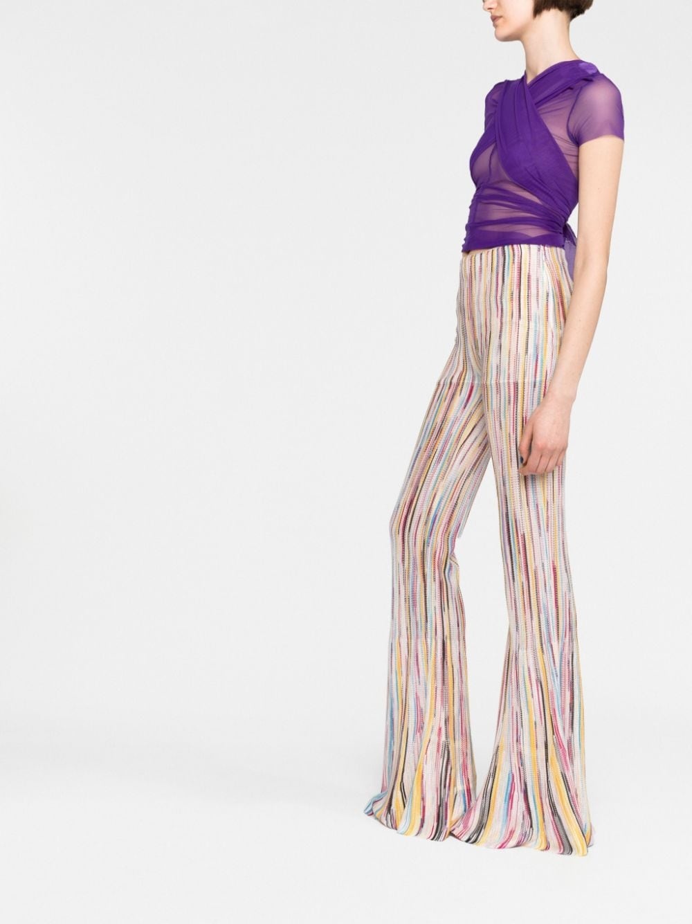 stripe-pattern semi-sheer flared trousers - 6