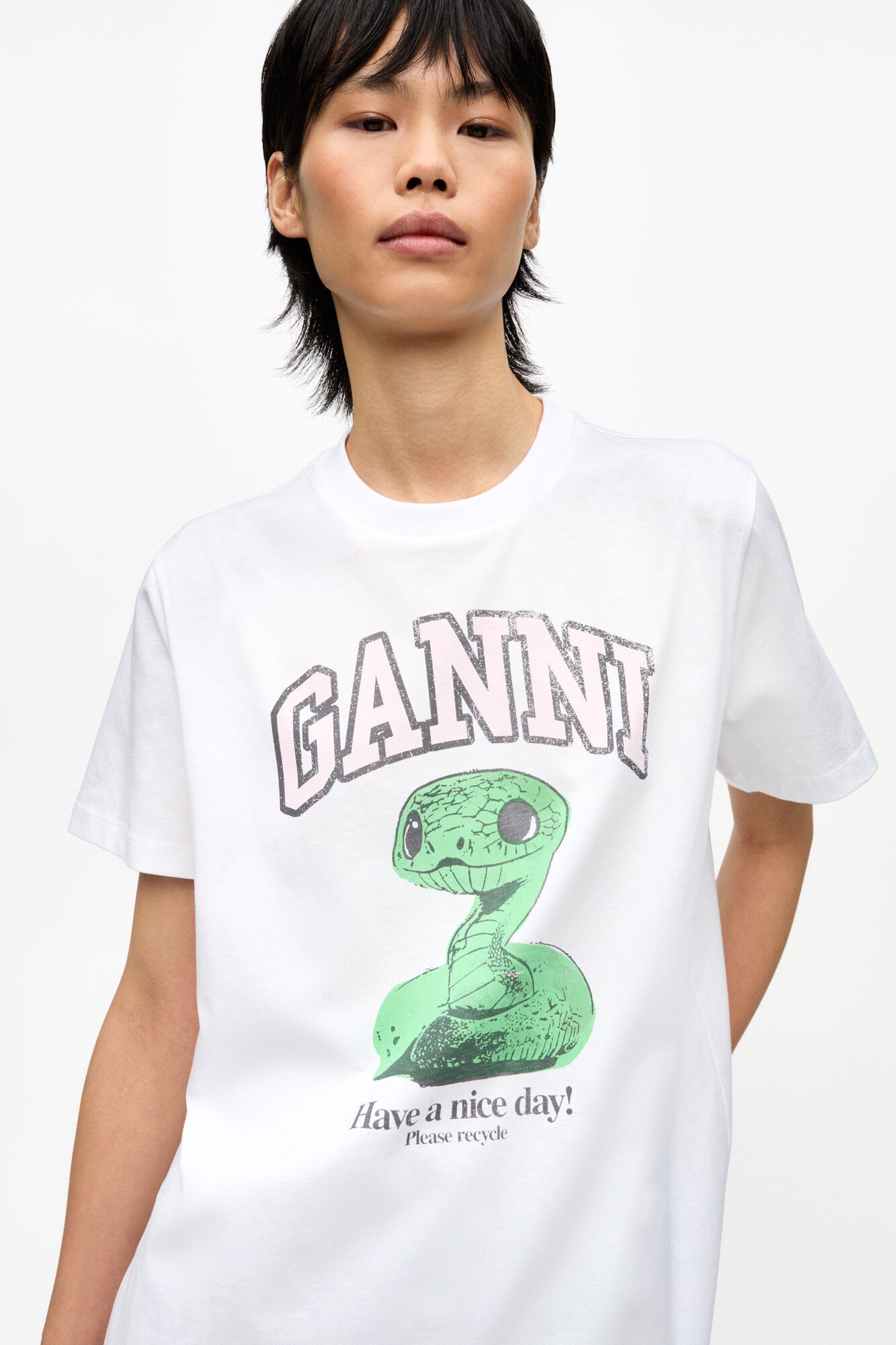 WHITE BASIC JERSEY SNAKE RELAXED T-SHIRT - 5
