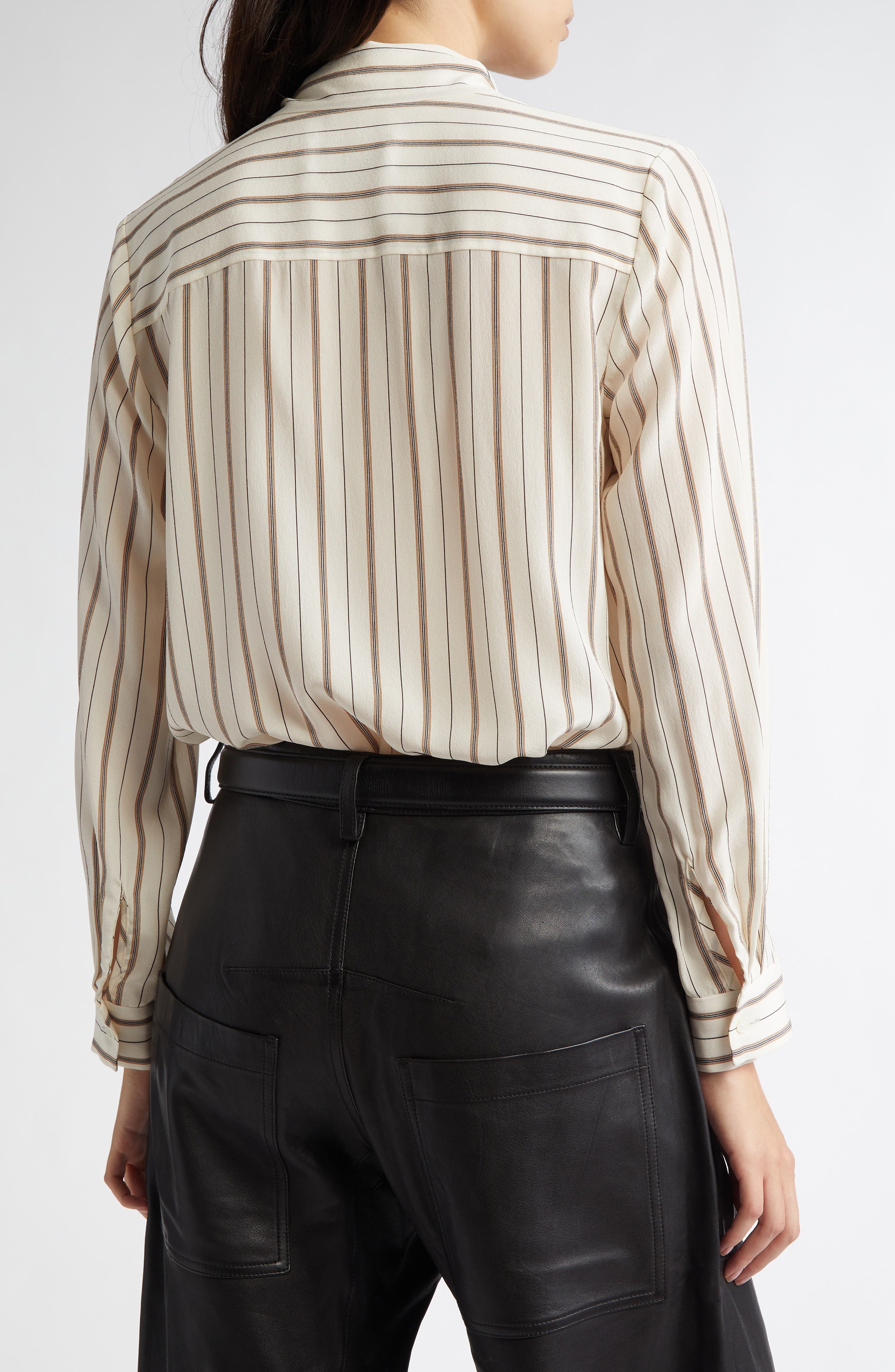 Nili Lotan Angelique Stripe Tie Neck Silk Shirt in Brandy Stripes at Nordstrom - 3